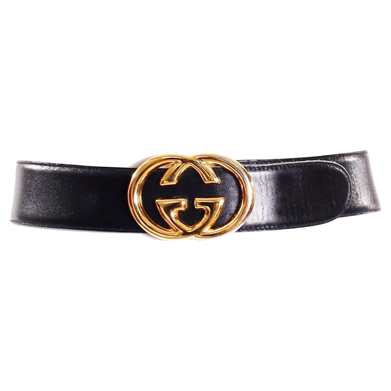 Vintage Gucci Black Leather Belt with Gold Double G Buckle 75-30 at 1stDibs