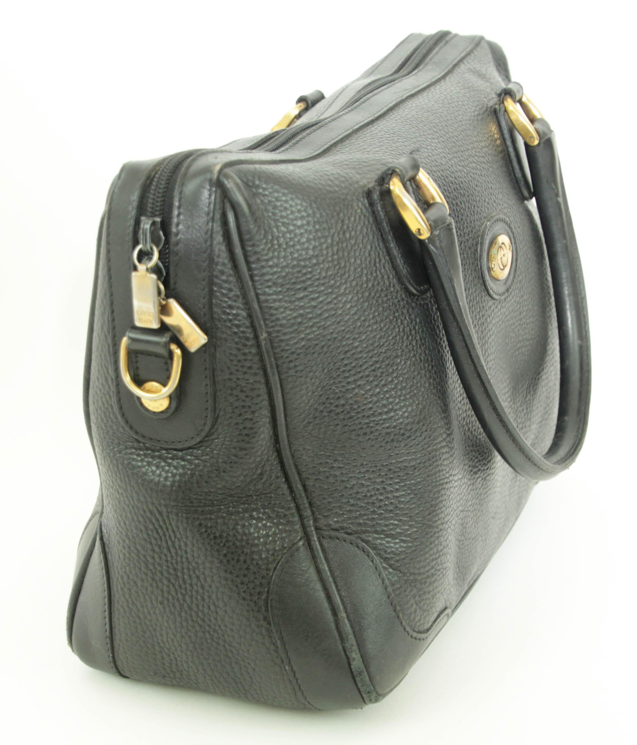 Vintage GUCCI Black Leather Boston Top Handle Bag For Sale 5