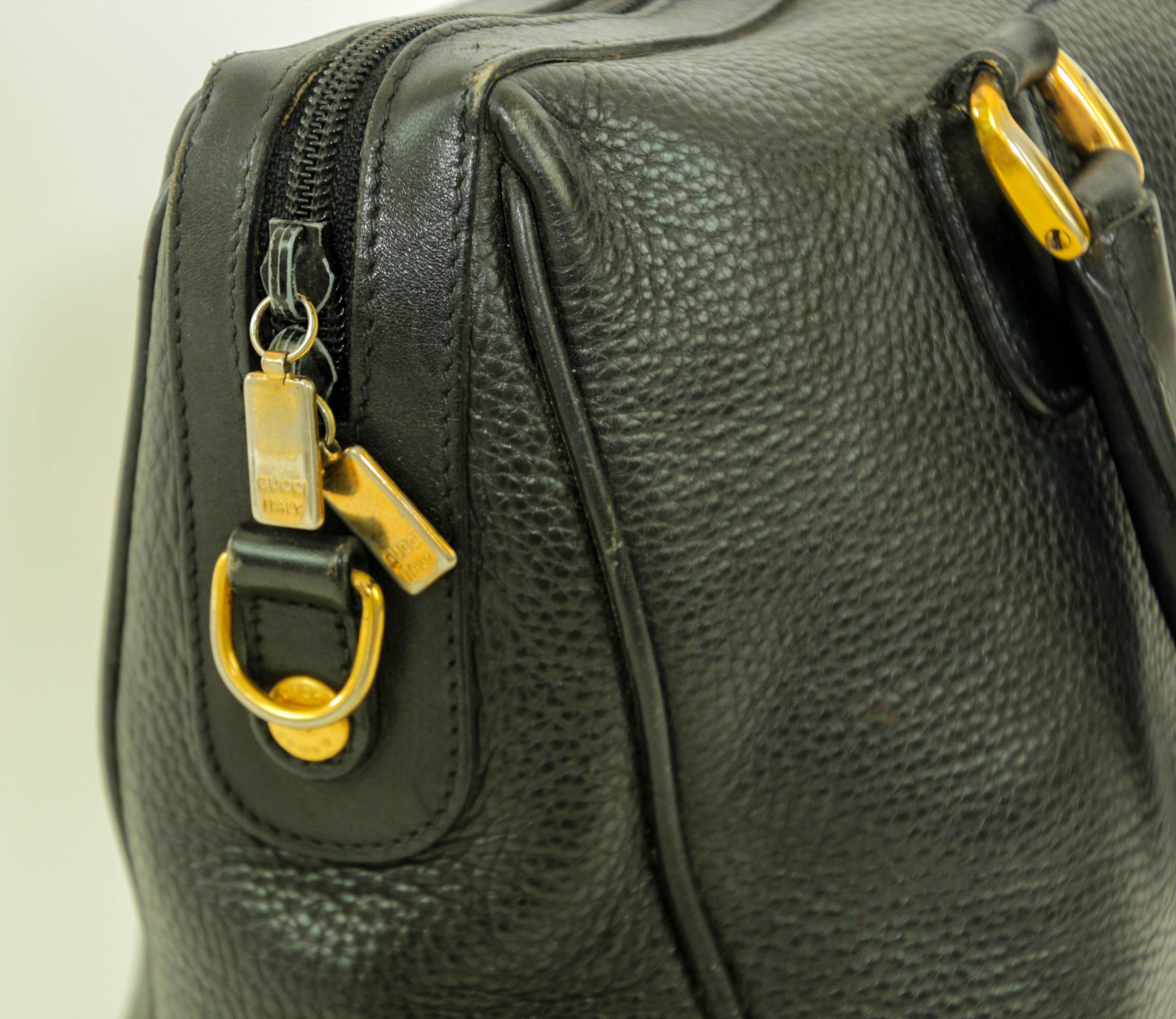 Vintage GUCCI Black Leather Boston Top Handle Bag For Sale 6