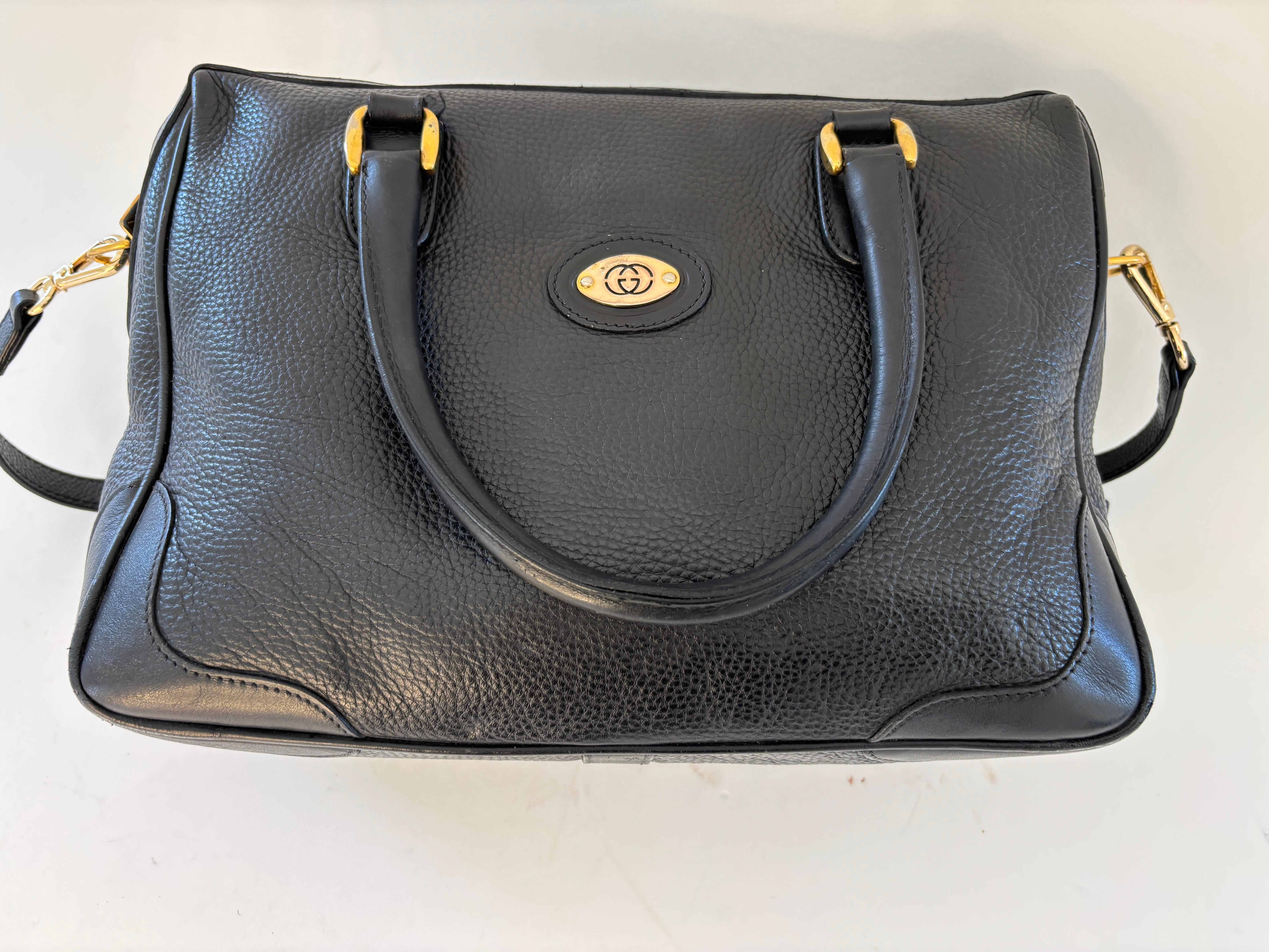 Vintage GUCCI Black Leather Boston Top Handle Bag For Sale 12