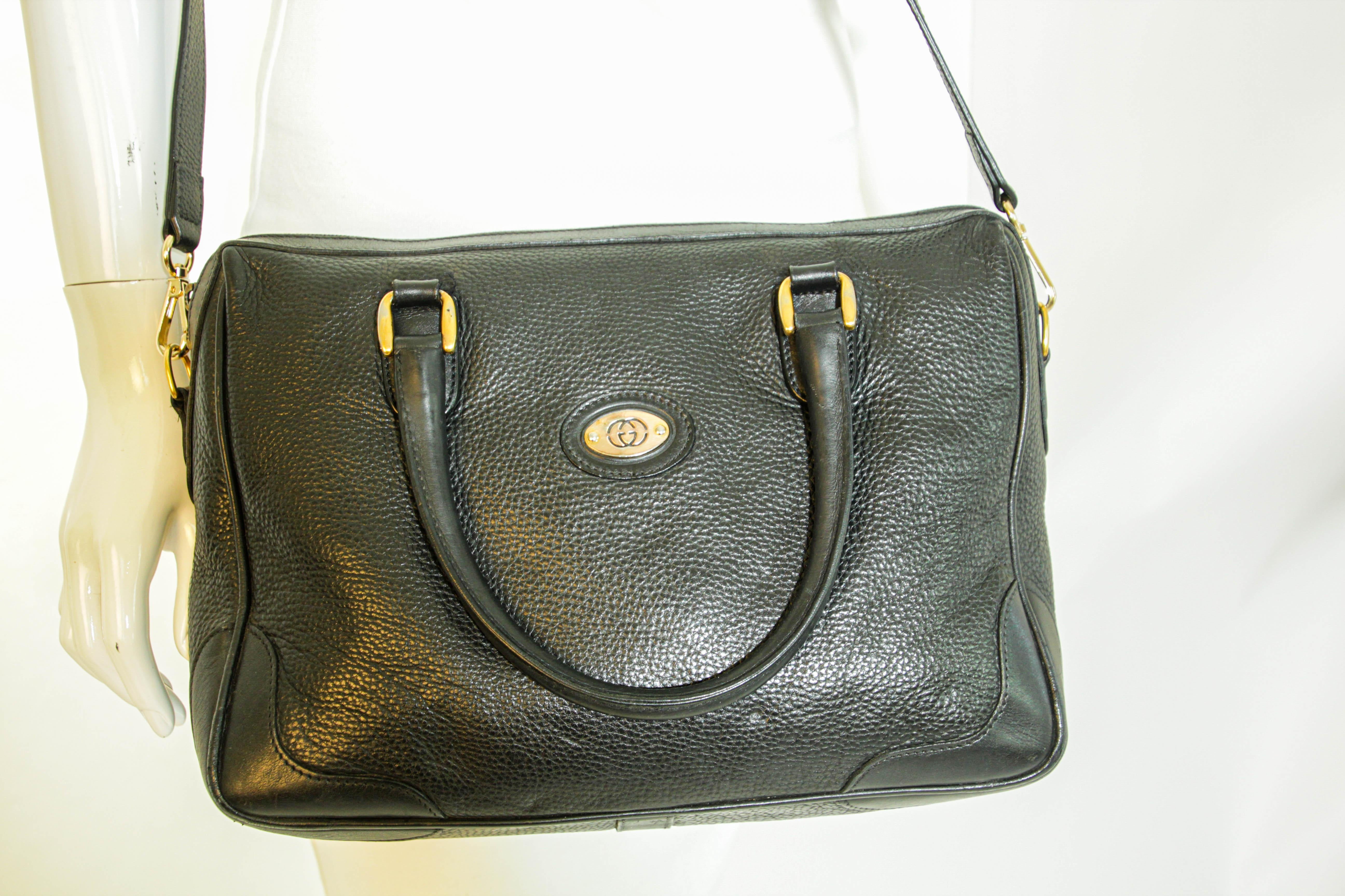 Vintage GUCCI Black Leather Boston Top Handle Bag For Sale 4