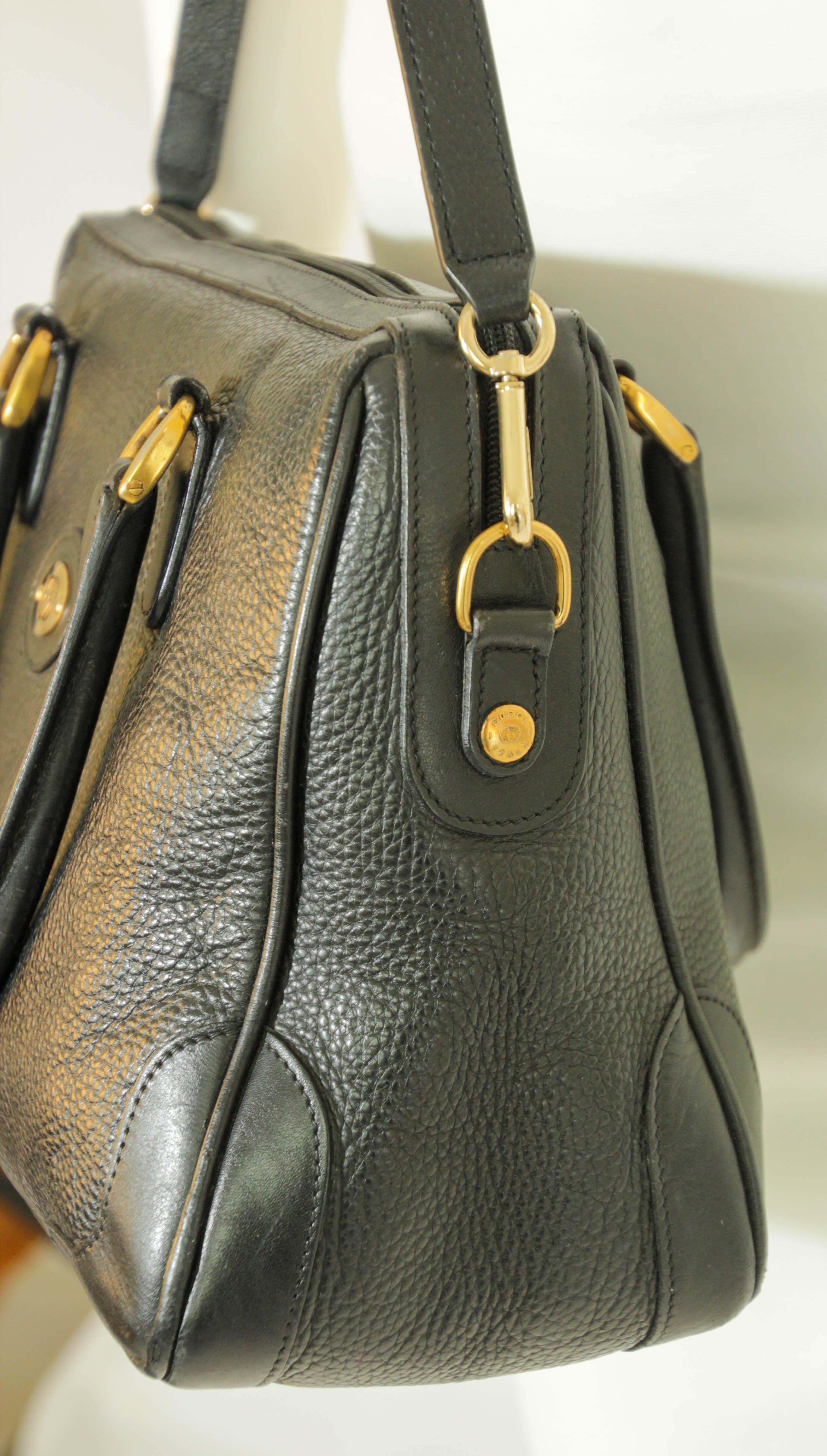 Vintage GUCCI Black Leather Boston Top Handle Bag For Sale 11