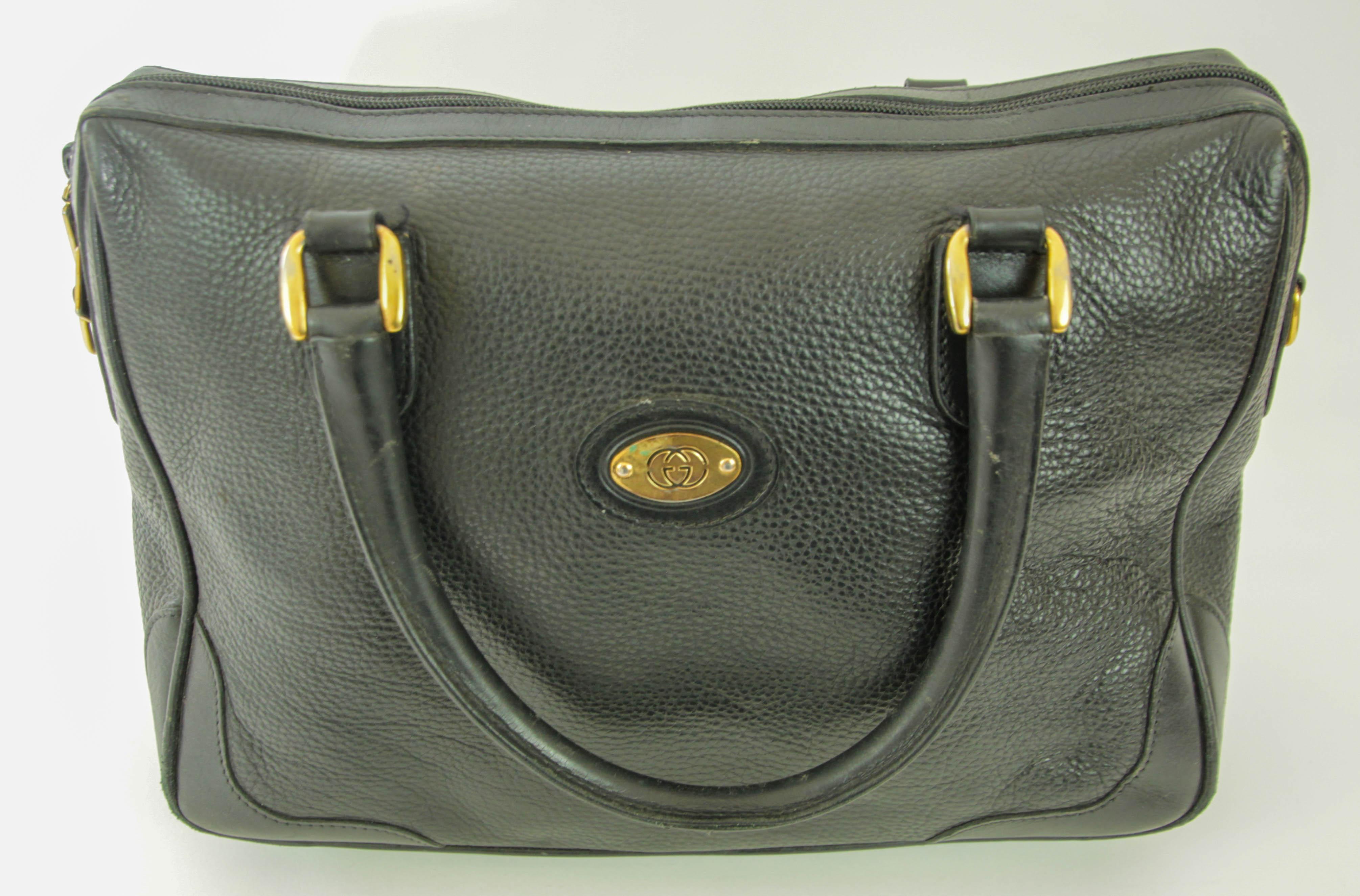 Vintage GUCCI Black Leather Boston Top Handle Bag For Sale 2