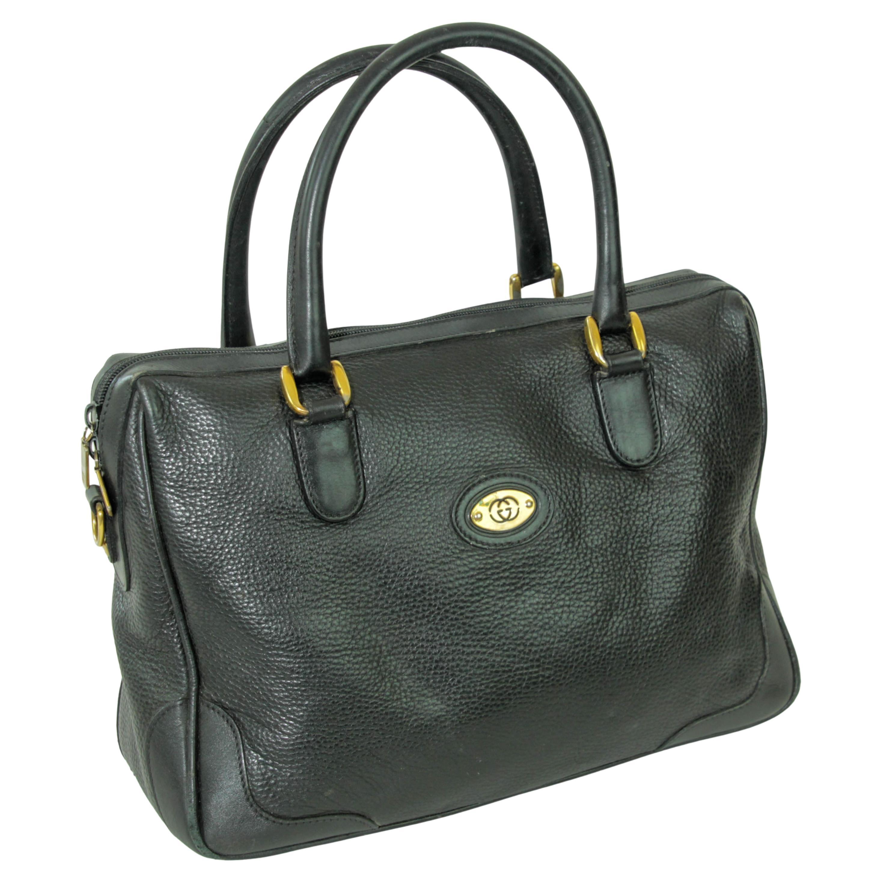 Vintage GUCCI Black Leather Boston Top Handle Bag For Sale