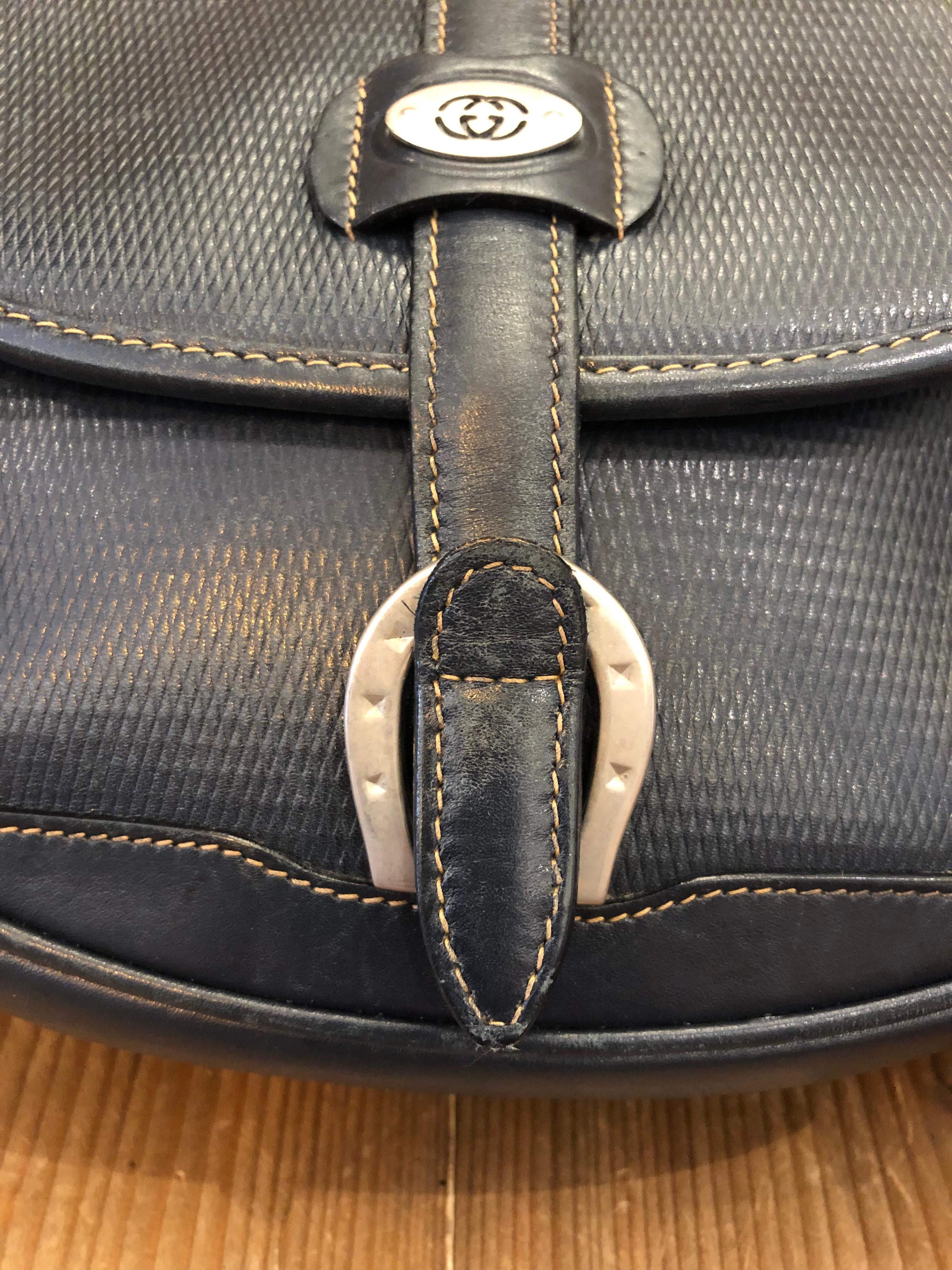Vintage GUCCI Navy Leather Equestrian Crossbody Bag 1