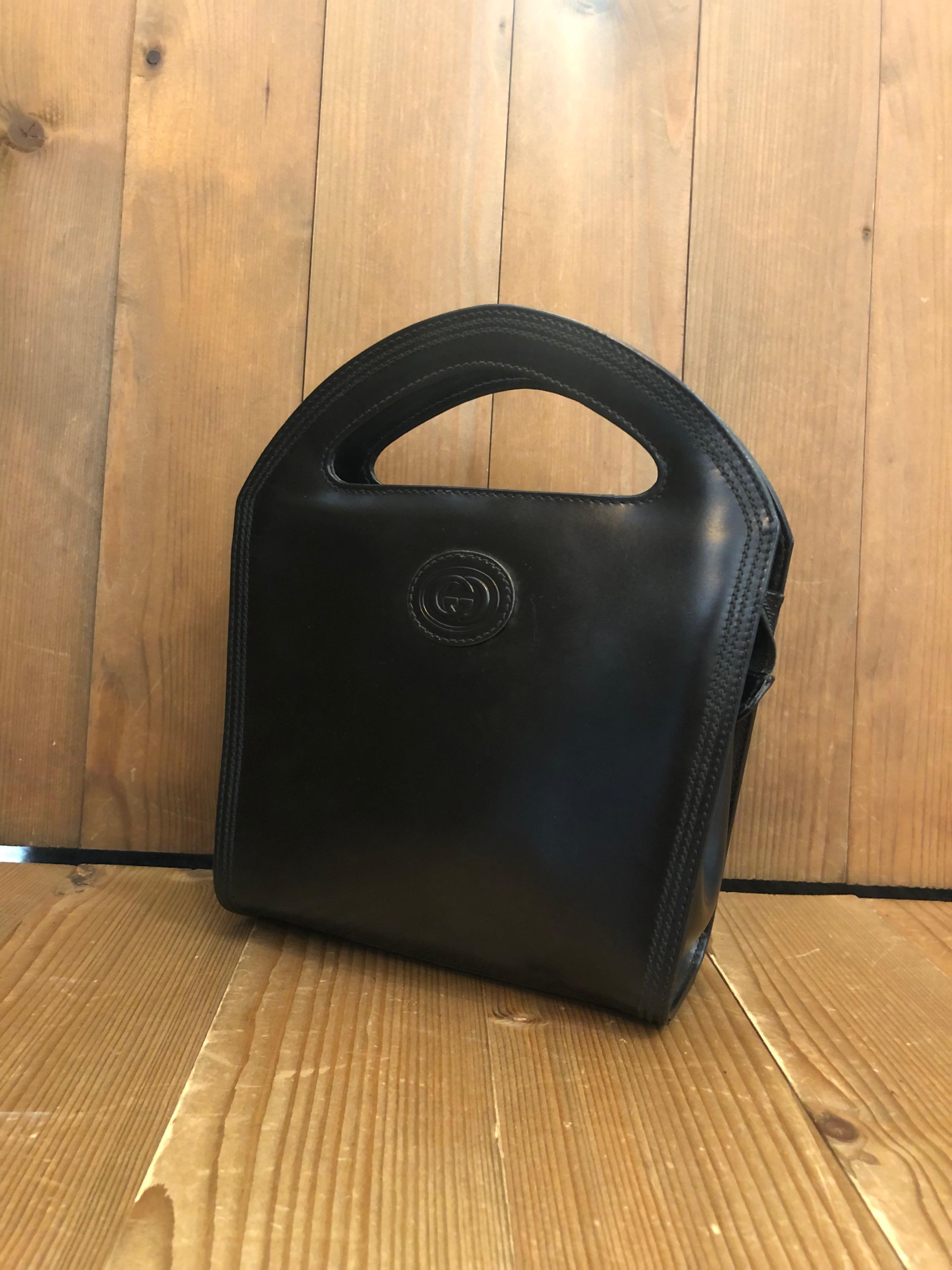Women's or Men's Vintage GUCCI Calfskin Leather Mini Book Tote Bag Black For Sale