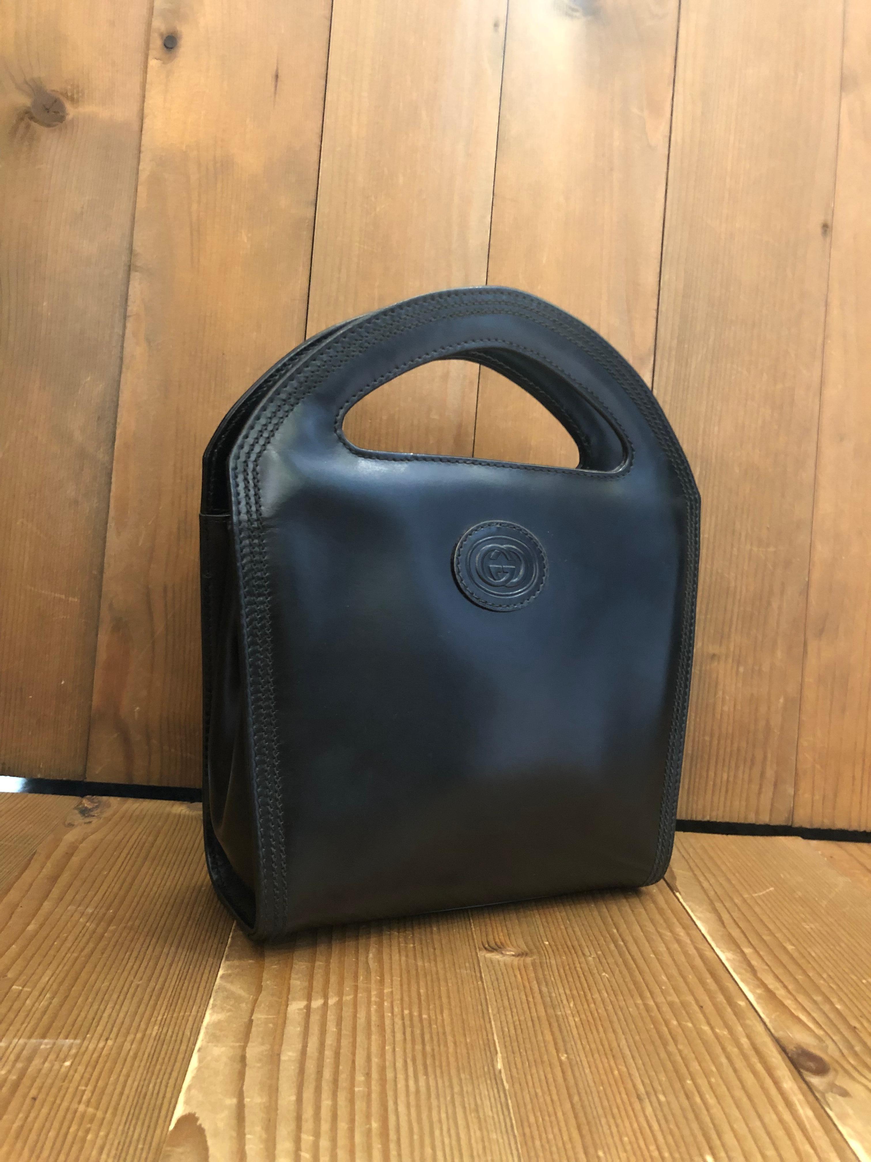 Vintage GUCCI Calfskin Leather Mini Book Tote Bag Black For Sale 1