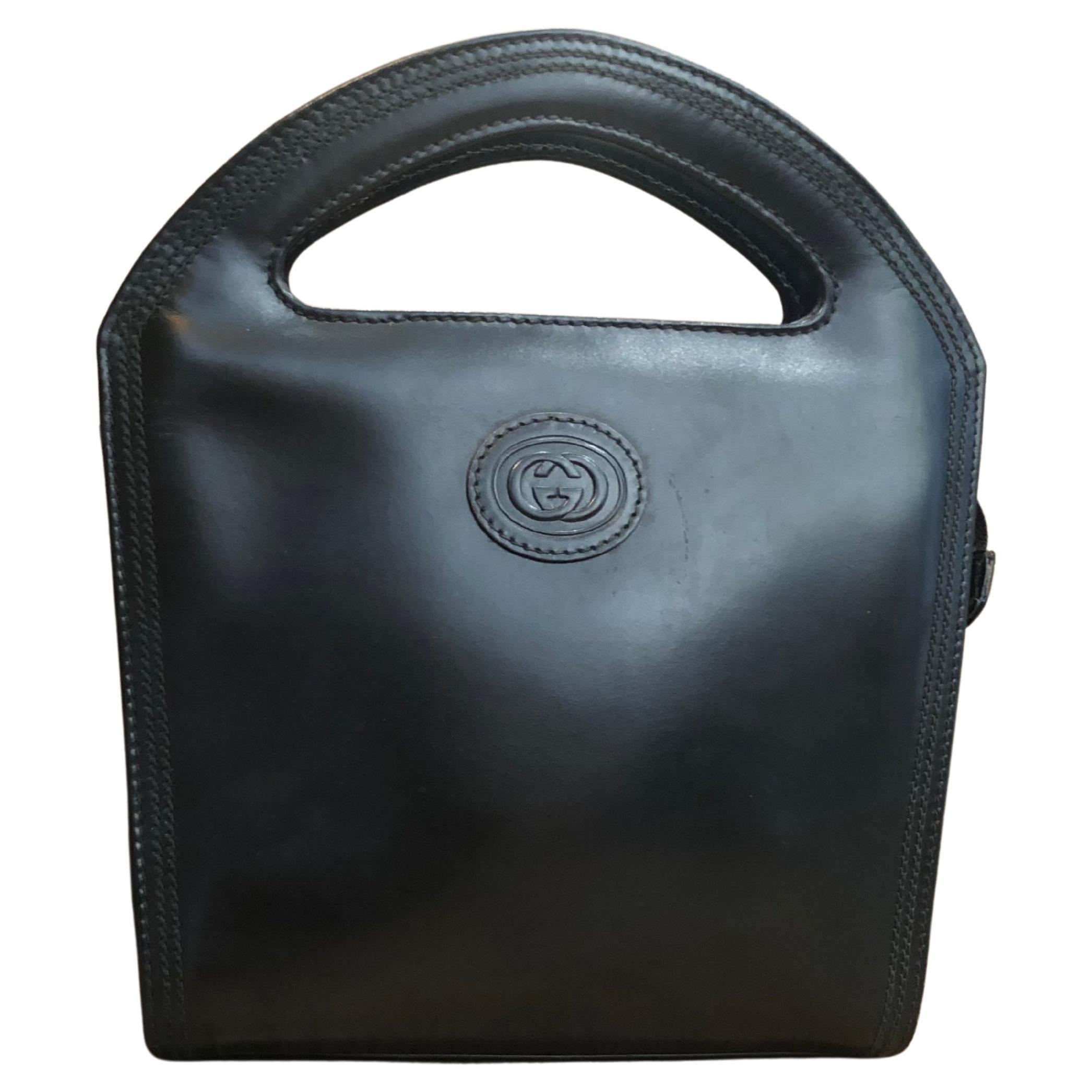 Vintage GUCCI Calfskin Leather Mini Book Tote Bag Black For Sale