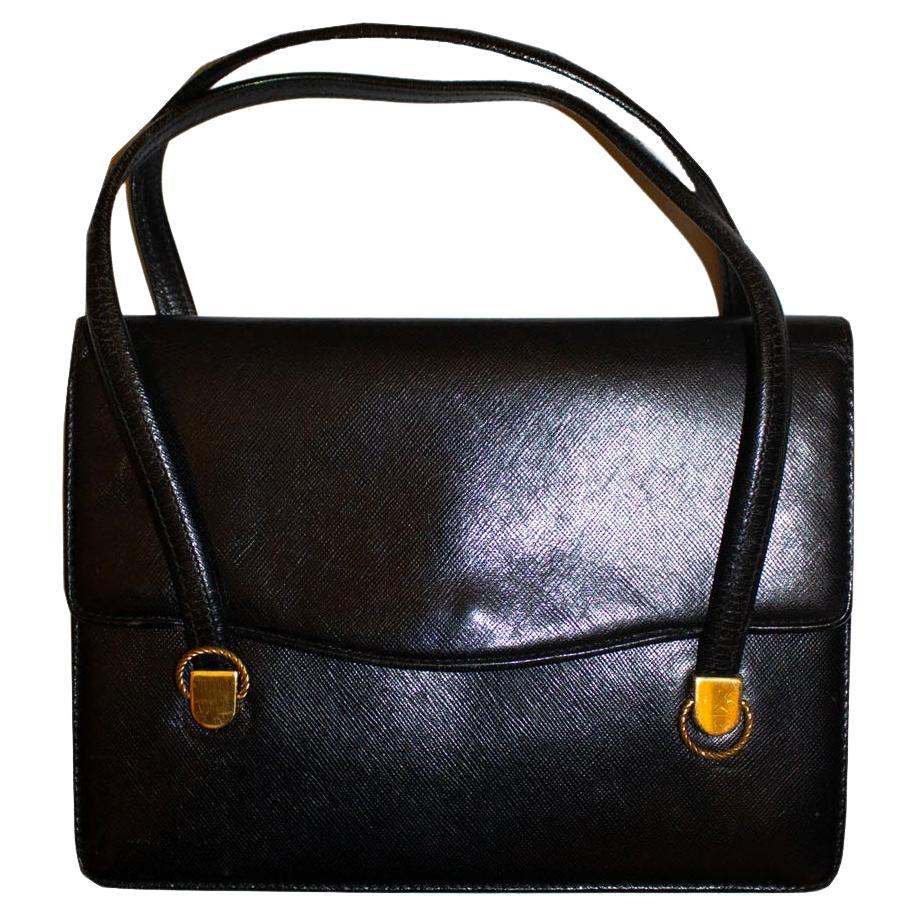 Vintage Gucci Black Leather Top  Handle Handbag For Sale