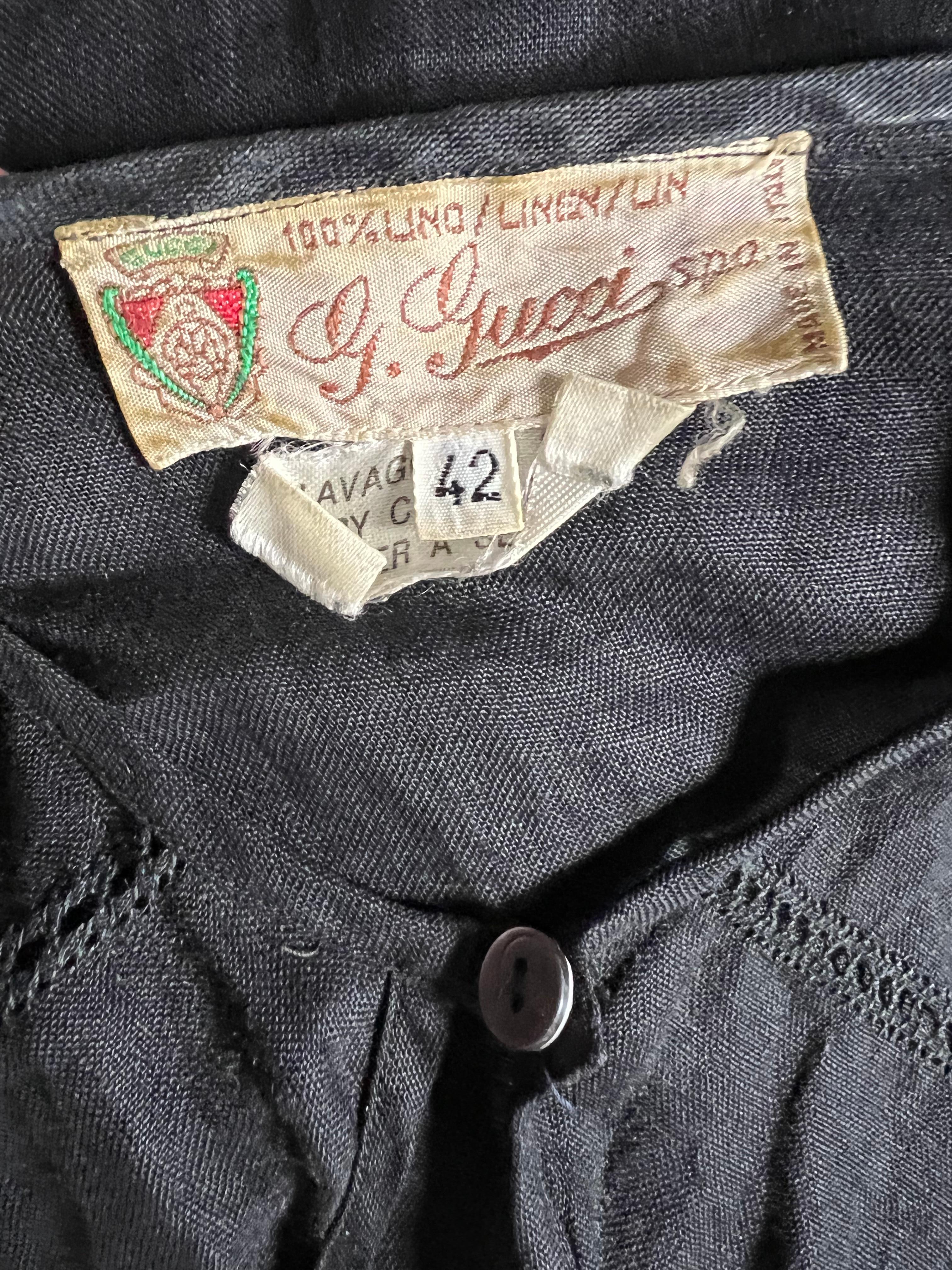 Vintage Gucci Black Linen Top Blouse, Size 42 For Sale 2