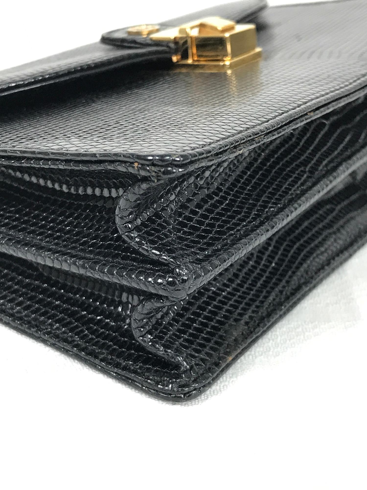 Women's or Men's Vintage Gucci Black Lizard Evening Bag Gold Hardware 1970s
