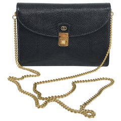 Gucci - Sac de soirée vintage en lézard noir avec accessoires dorés, années 1970
