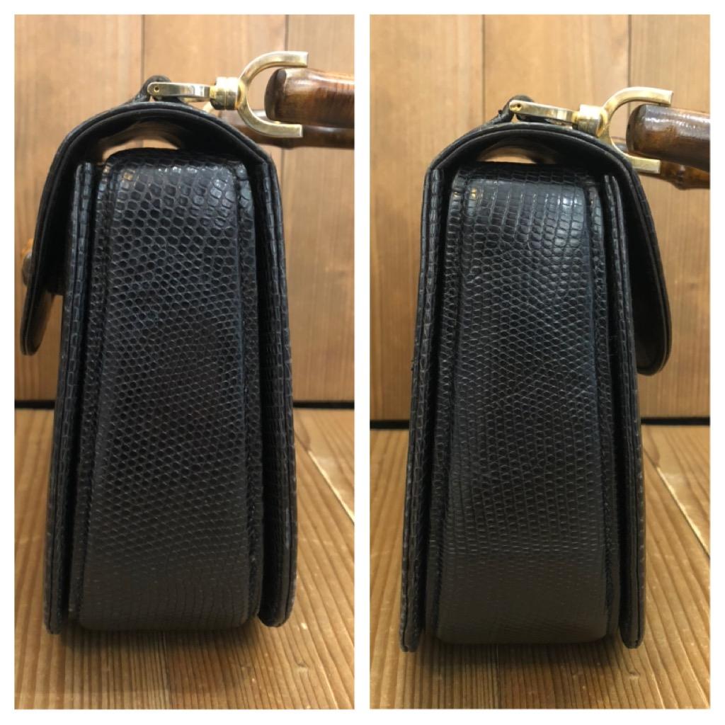 Vintage GUCCI Black Lizard Leather Bamboo Top Handle Handbag 4