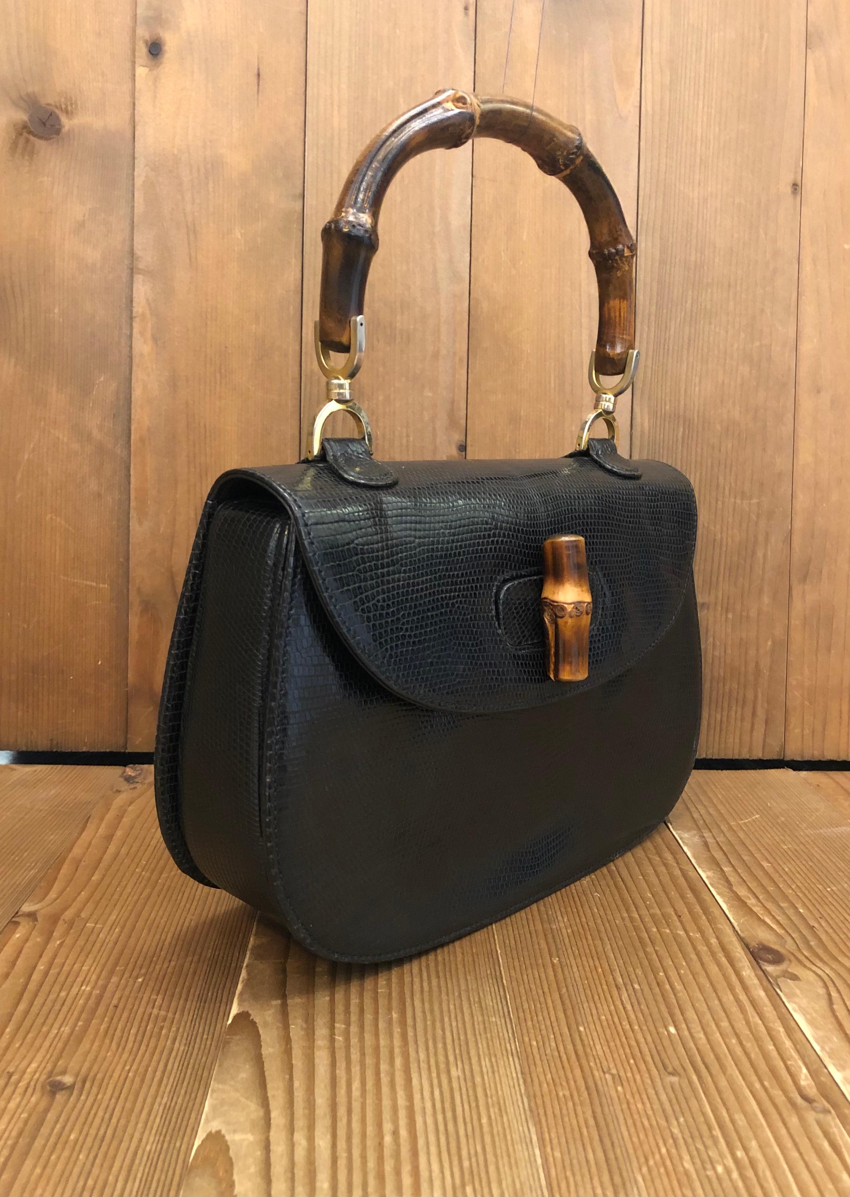 Vintage GUCCI Black Leather Bamboo Top Handle Handbag In Good Condition For Sale In Bangkok, TH