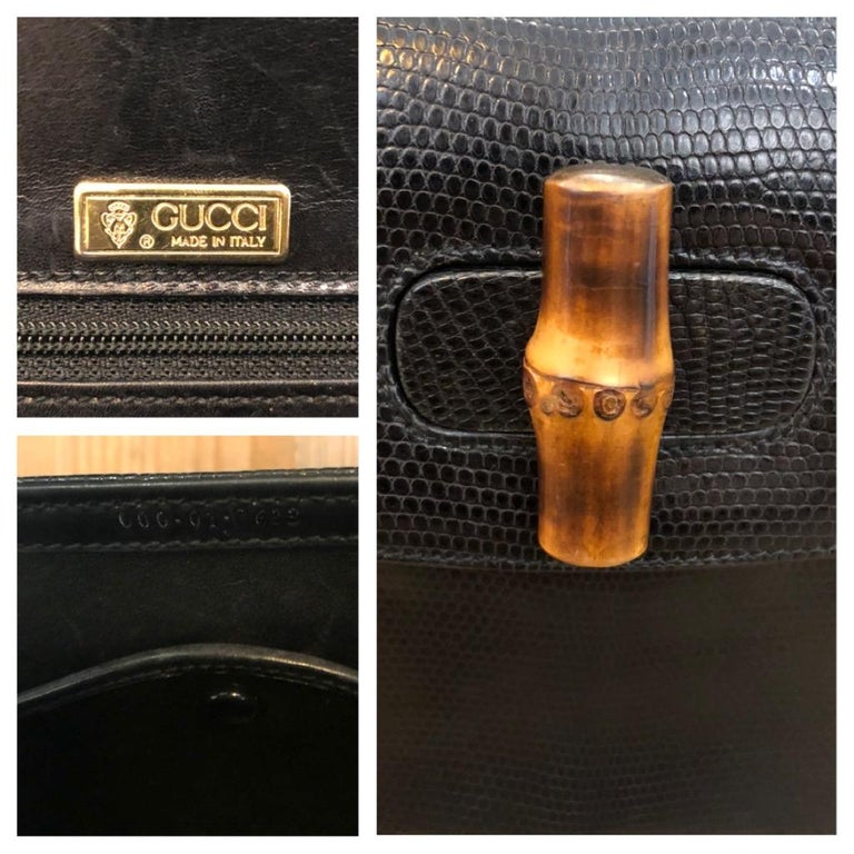 Vintage GUCCI Black Lizard Leather Bamboo Top Handle Bag For Sale at