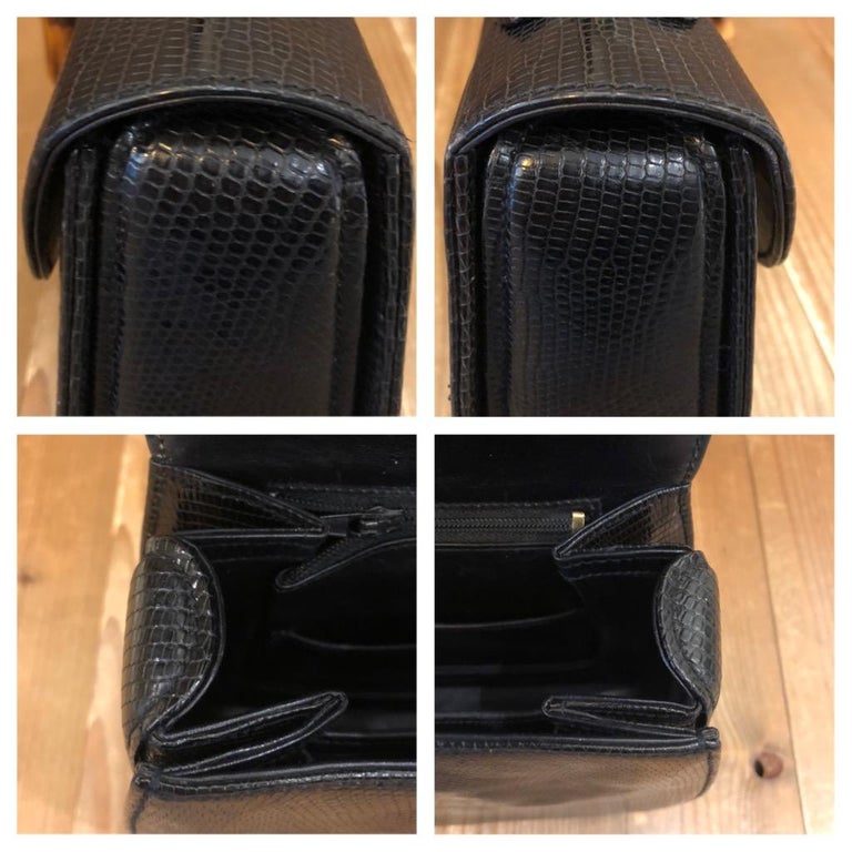 Vintage GUCCI Black Lizard Leather Bamboo Top Handle Bag For Sale at