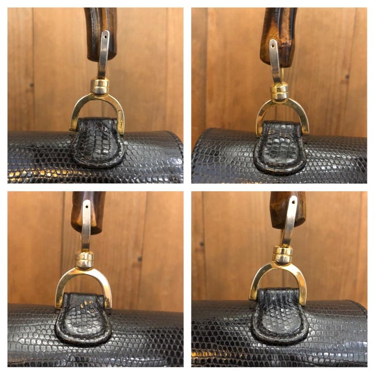 Vintage GUCCI Black Lizard Leather Bamboo Top Handle Bag For Sale at