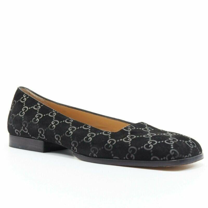 Noir Mocassins à bout carré en daim noir imprimé du monogramme vintage de Gucci EU36.5C en vente