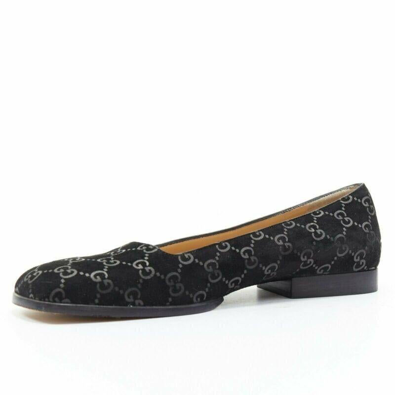 Mocassins à bout carré en daim noir imprimé du monogramme vintage de Gucci EU36.5C Bon état - En vente à Hong Kong, NT