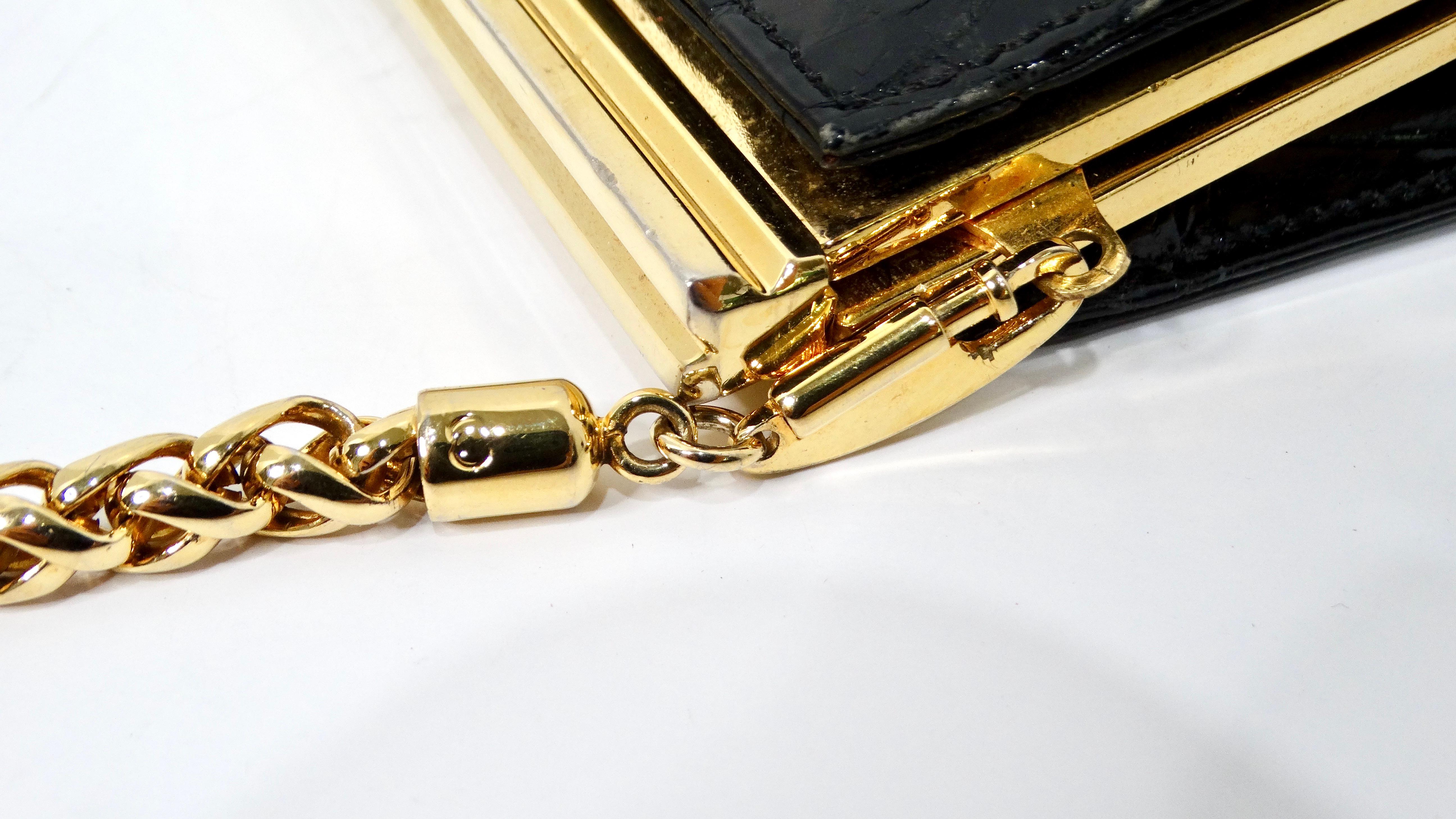 Vintage Gucci Black Patent Crocodile Embossed Leather Structured Handbag In Good Condition For Sale In Scottsdale, AZ