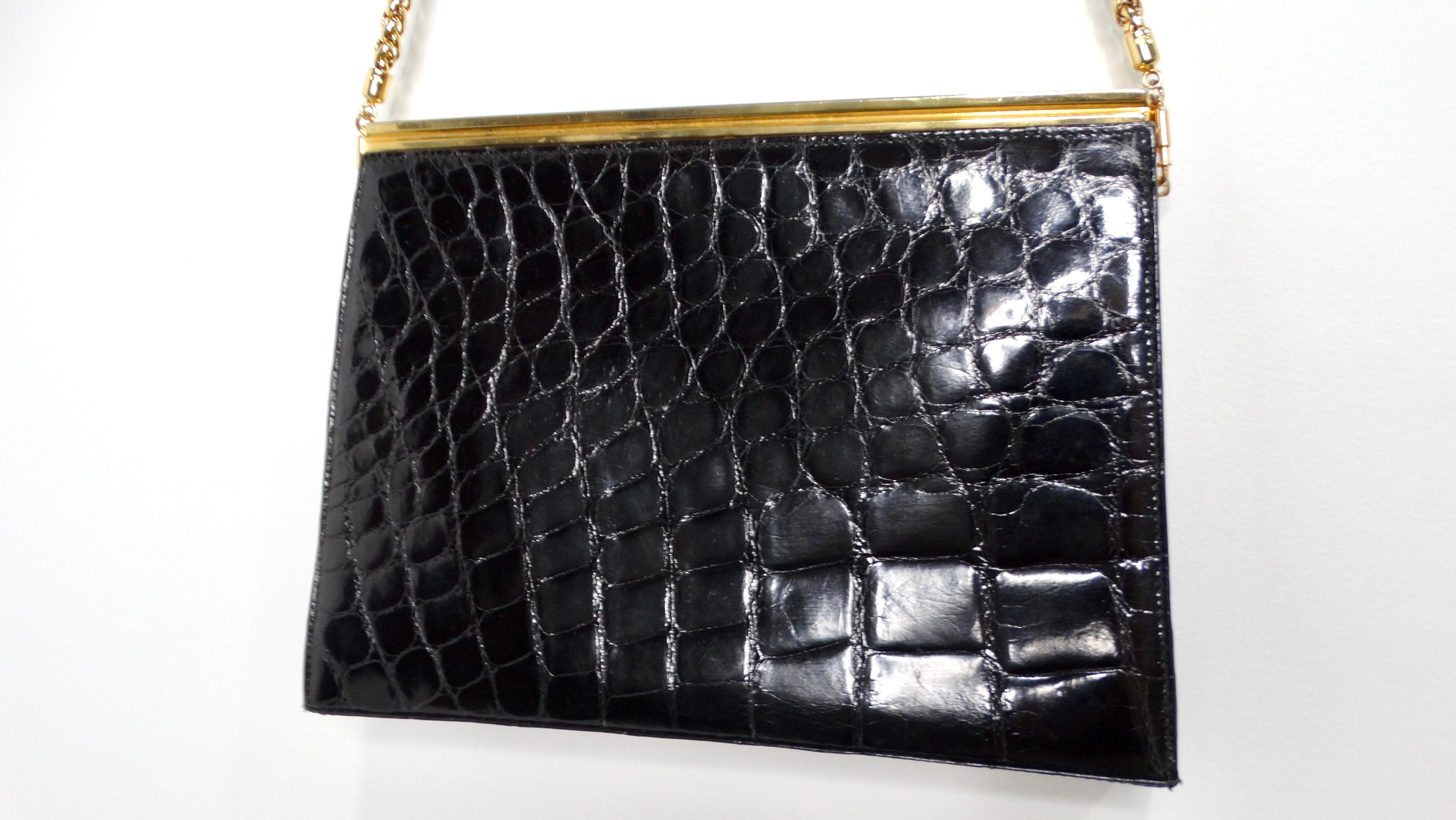 Women's Vintage Gucci Black Patent Crocodile Embossed Leather Structured Handbag For Sale