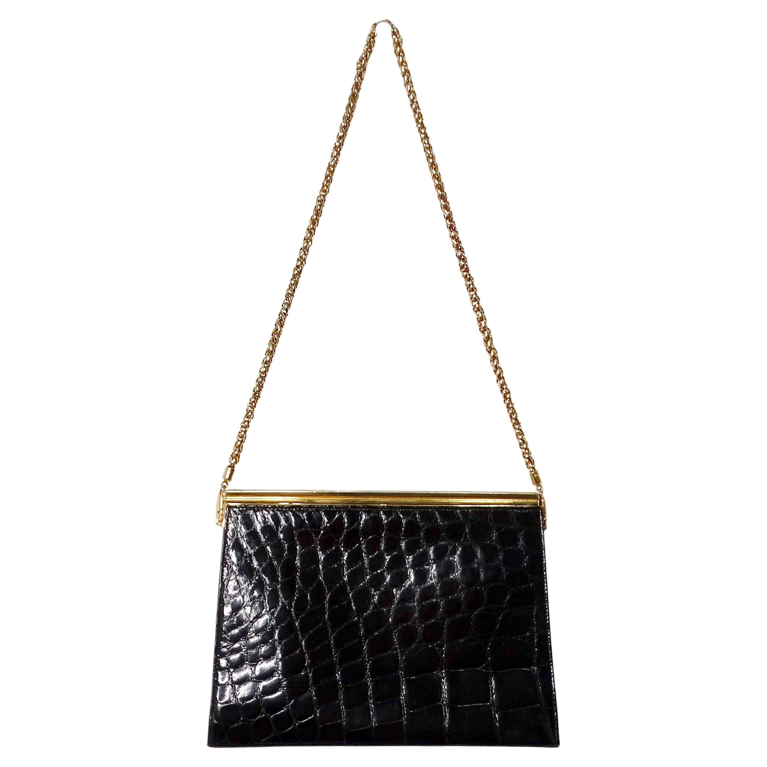 Vintage Gucci Black Patent Crocodile Embossed Leather Structured Handbag For Sale