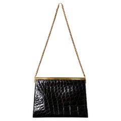 Vintage Gucci Black Patent Crocodile Embossed Leather Structured Handbag