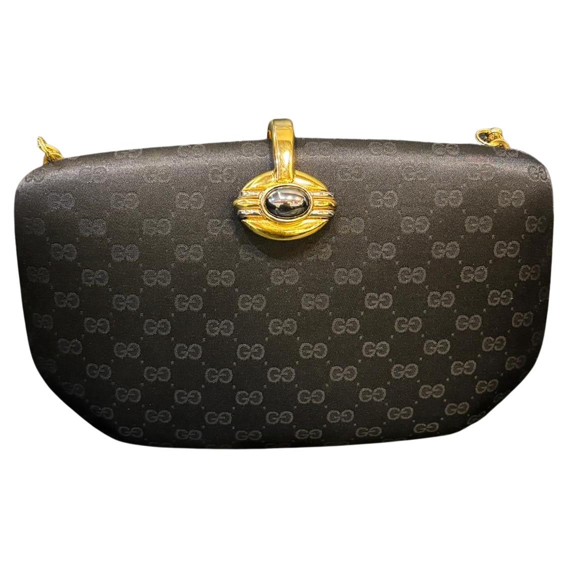 Vintage Gucci Black Satin GG Chain Clutch For Sale