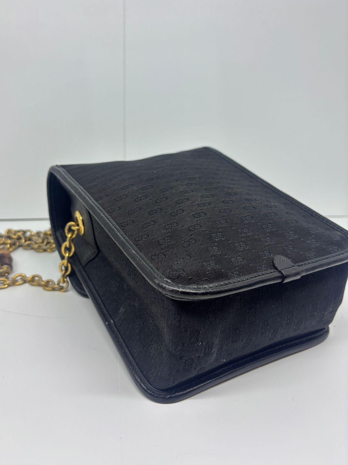 Vintage Gucci Black Small GG Canvas Bamboo Detail Crossbody Bag For Sale 6
