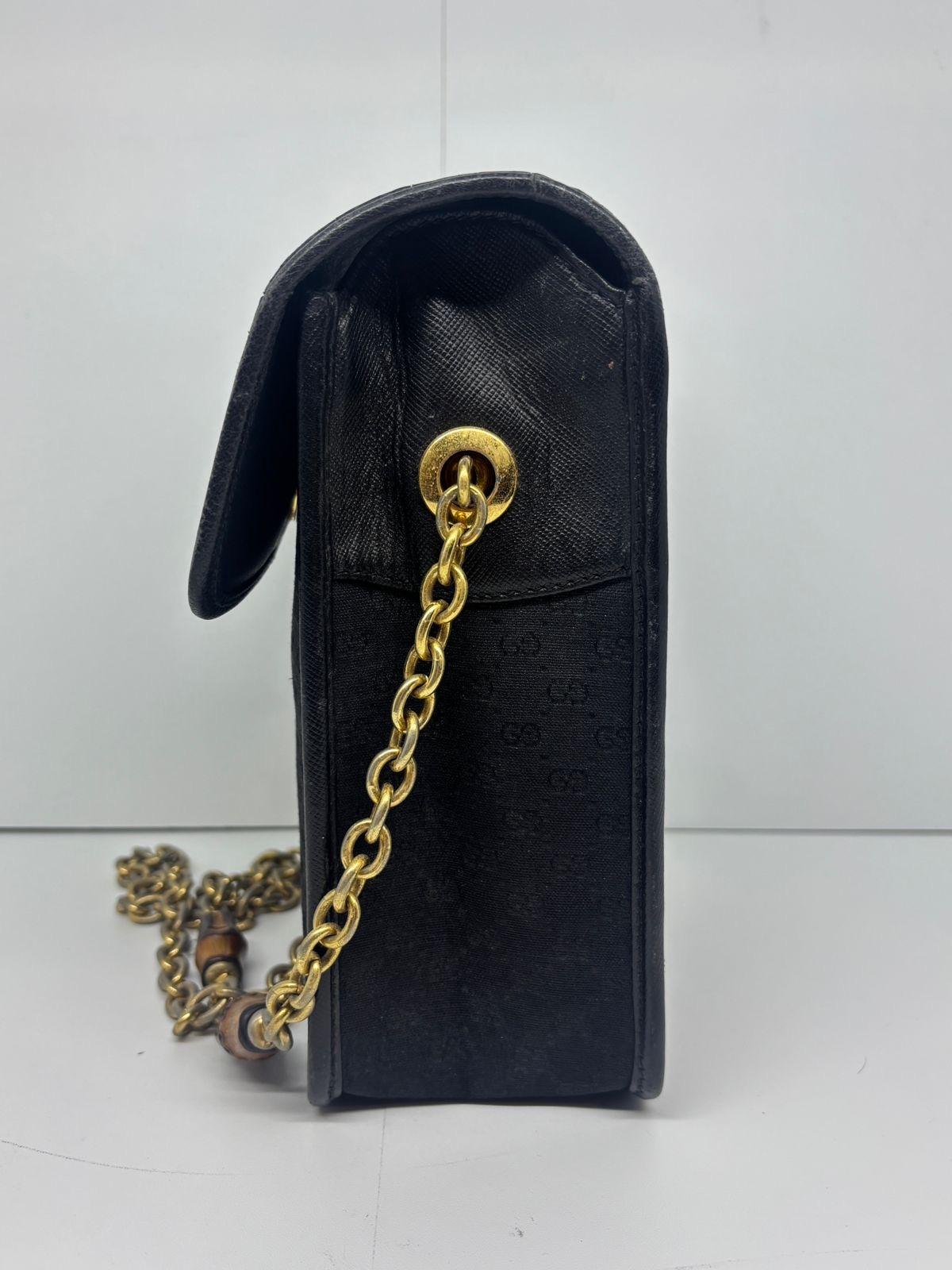 Vintage Gucci Black Small GG Canvas Bamboo Detail Crossbody Bag For Sale 7