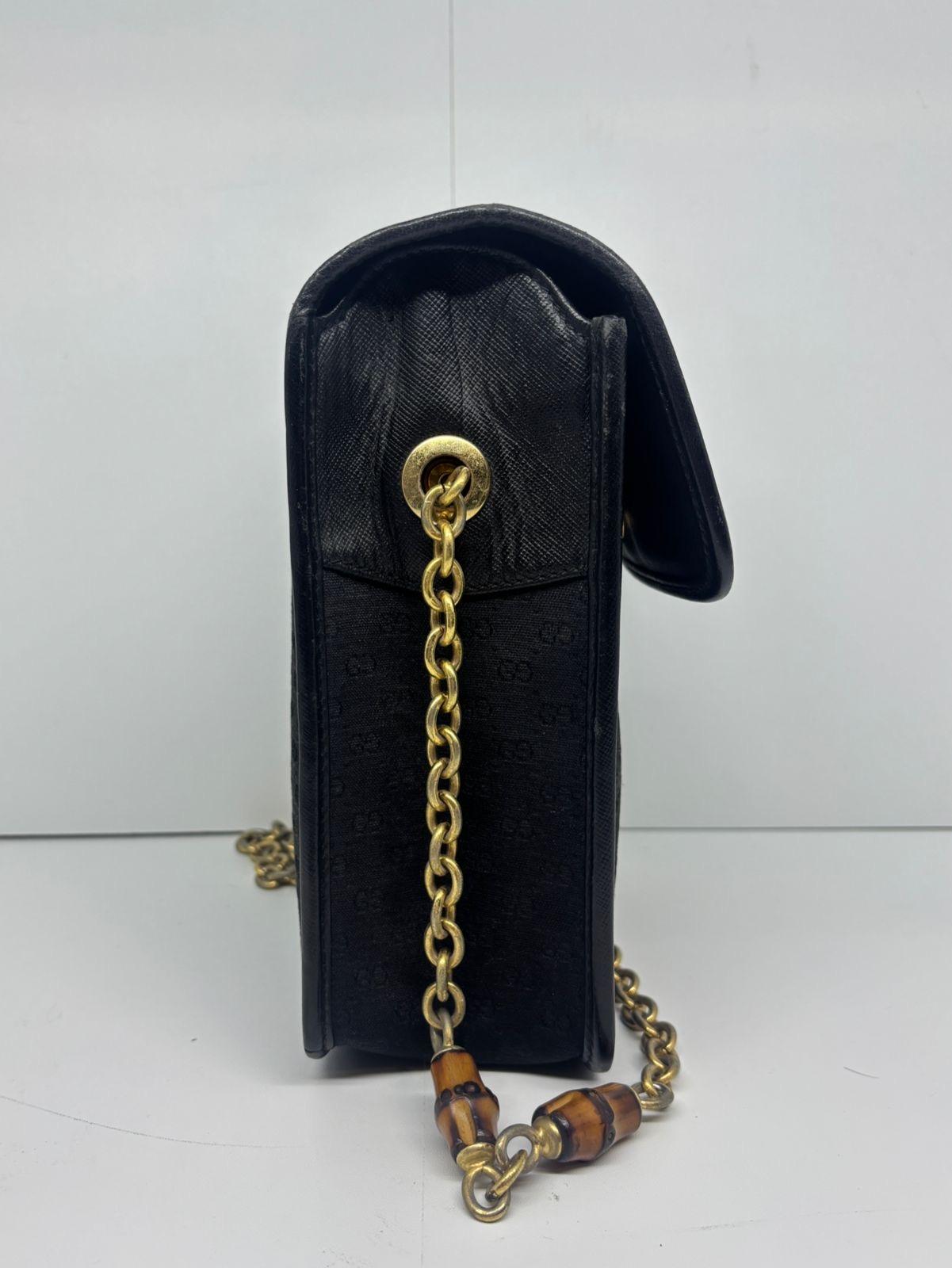 Vintage Gucci Black Small GG Canvas Bamboo Detail Crossbody Bag For Sale 5