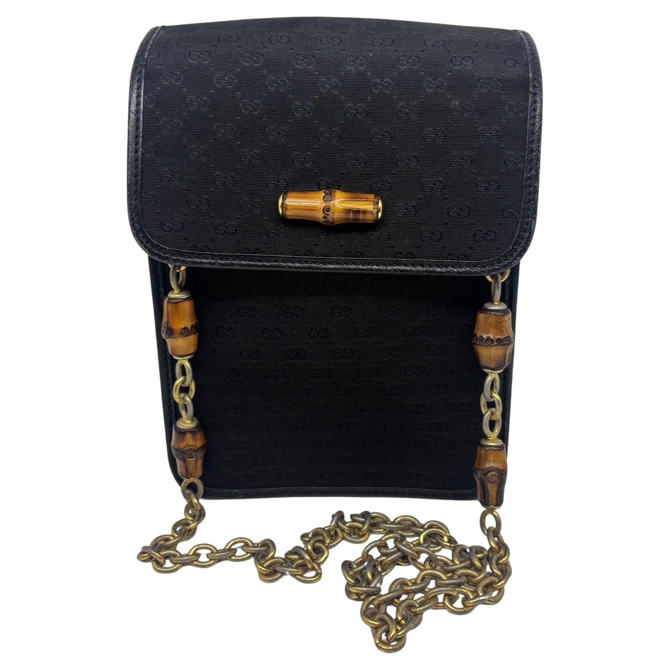 Vintage Gucci Black Small GG Canvas Bamboo Detail Crossbody Bag For Sale