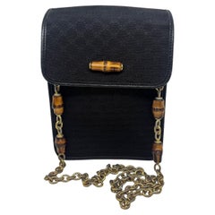 Vintage Gucci Black Small GG Canvas Bamboo Detail Crossbody Bag