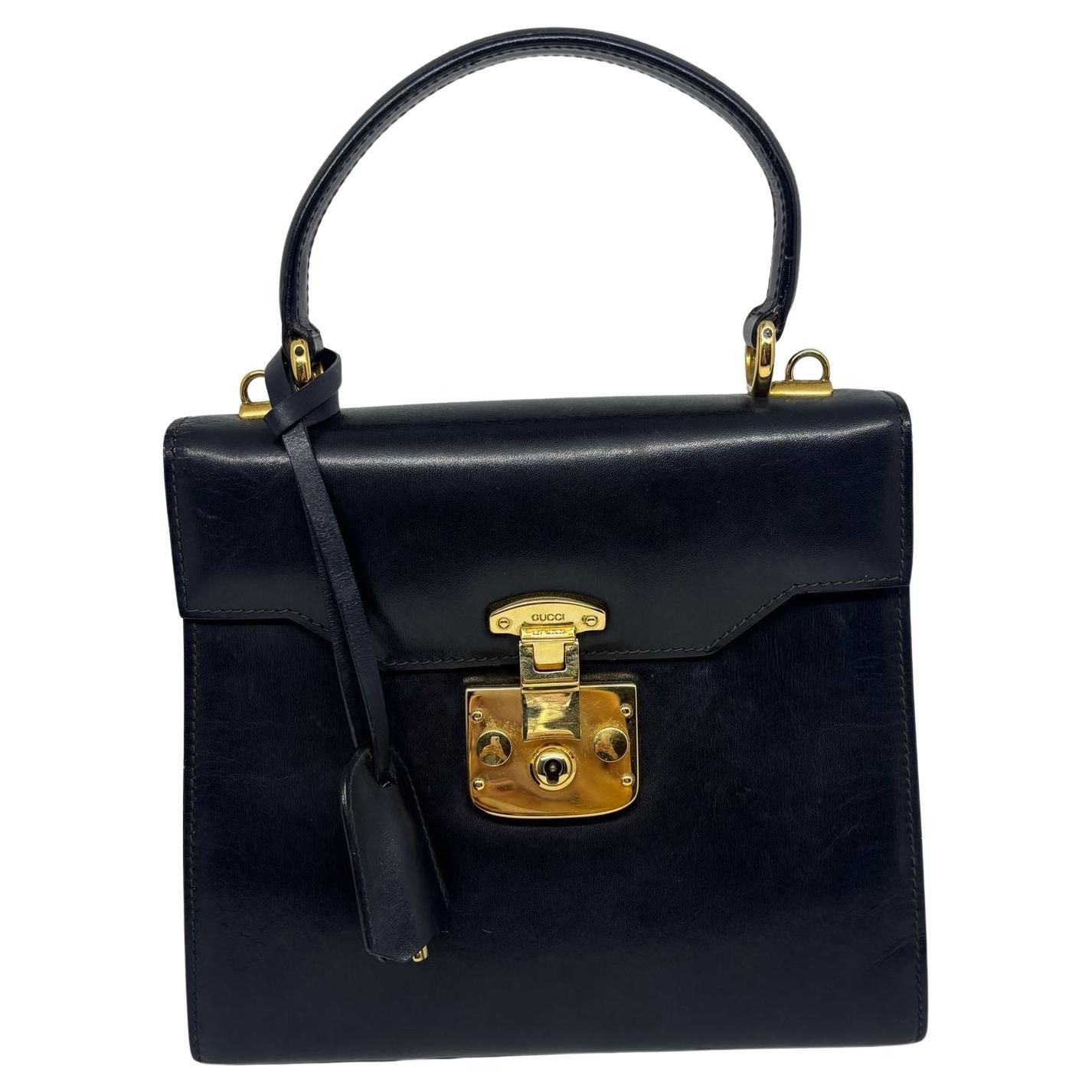 Vintage Gucci Black Small Lady Lock Top Handle Bag For Sale