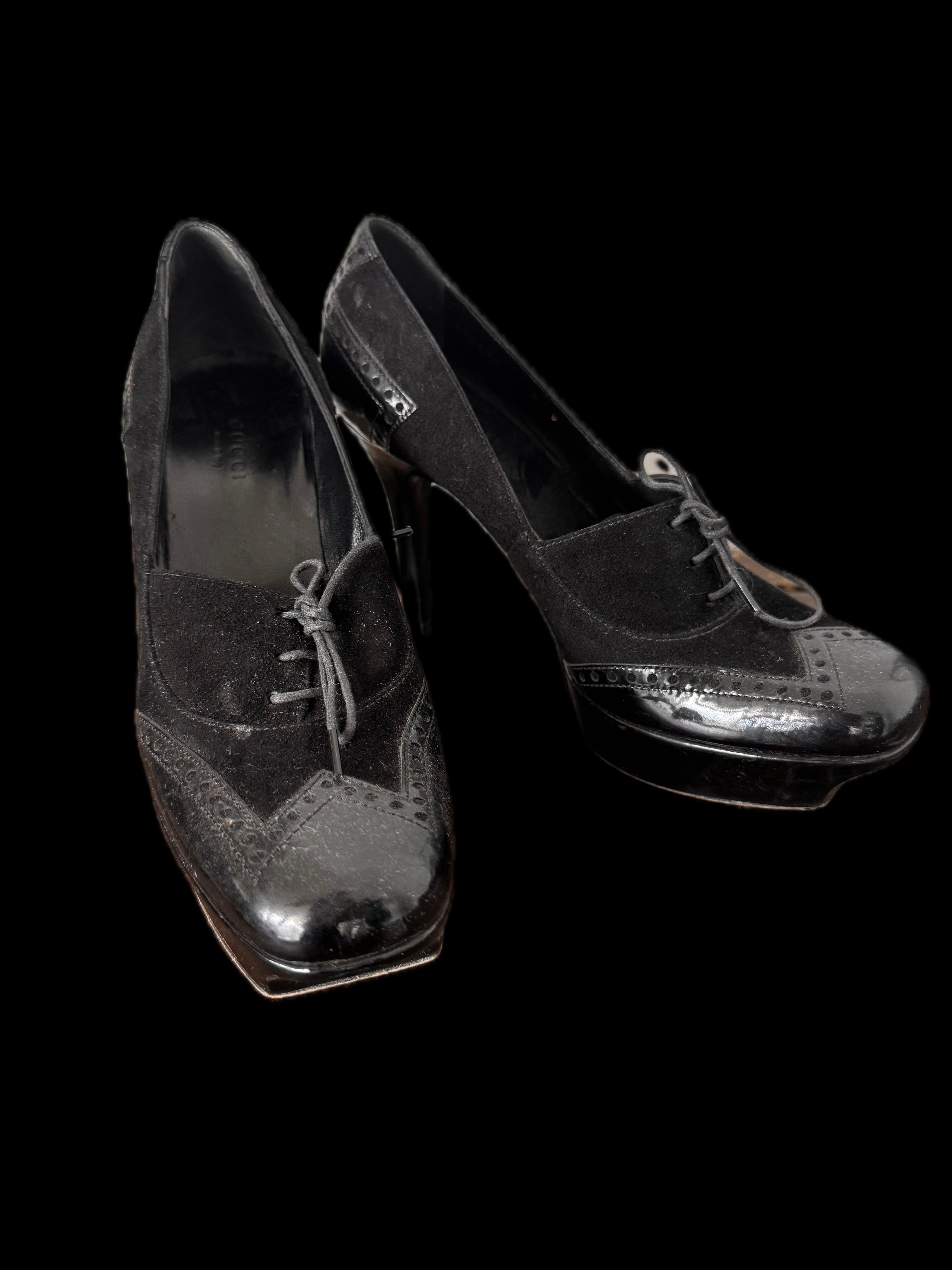 Vintage Gucci Black Sued/patent Pump lace up 1