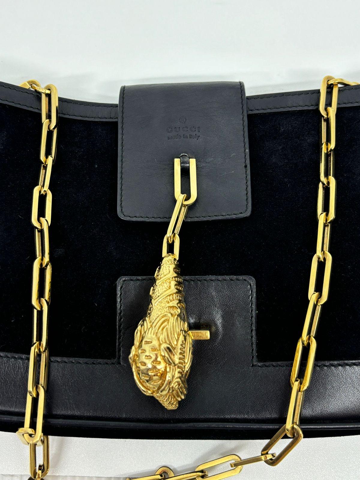Vintage Gucci Black Suede Tiger Head Chain Bag For Sale 6