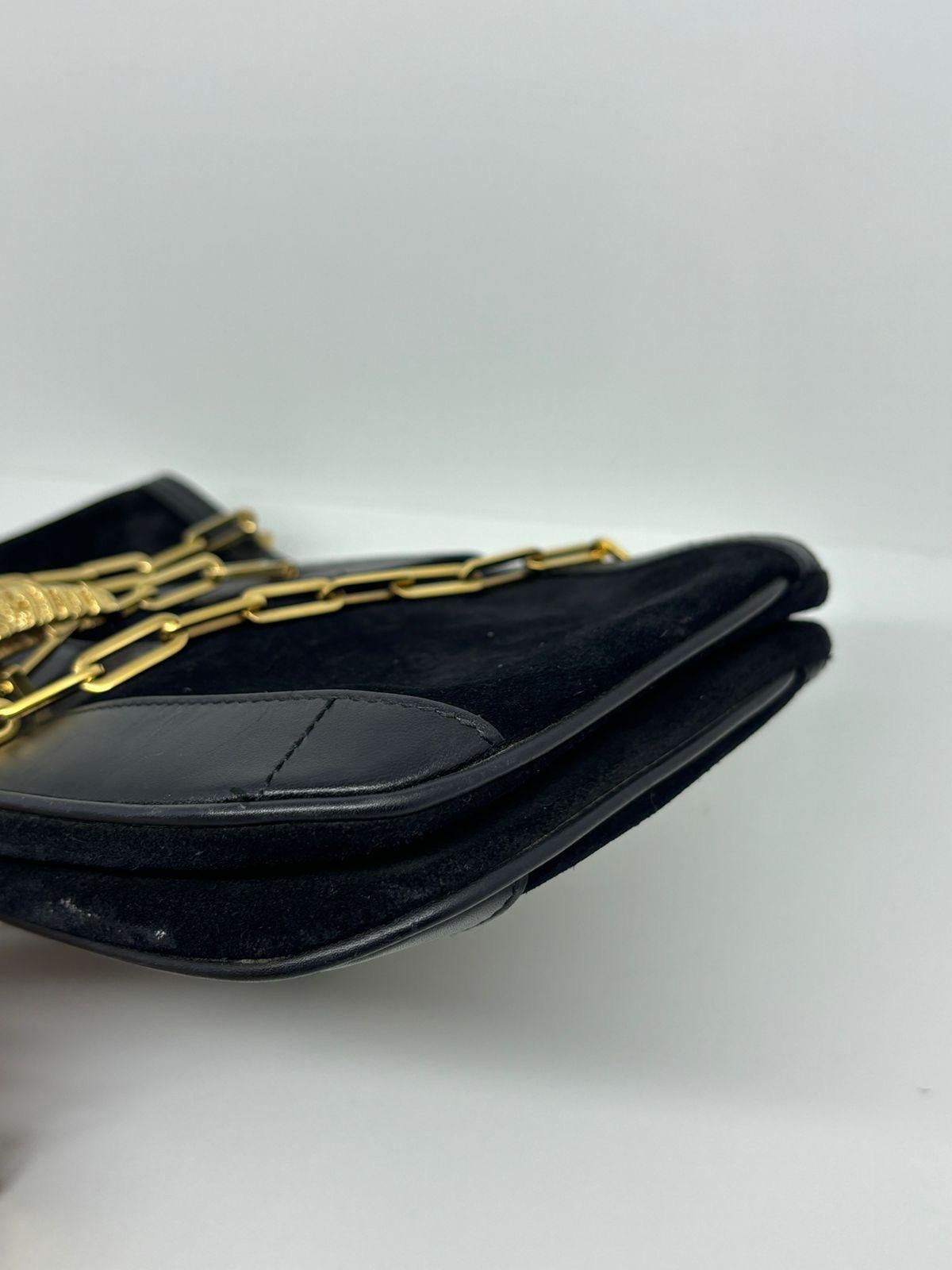 Vintage Gucci Black Suede Tiger Head Chain Bag For Sale 5