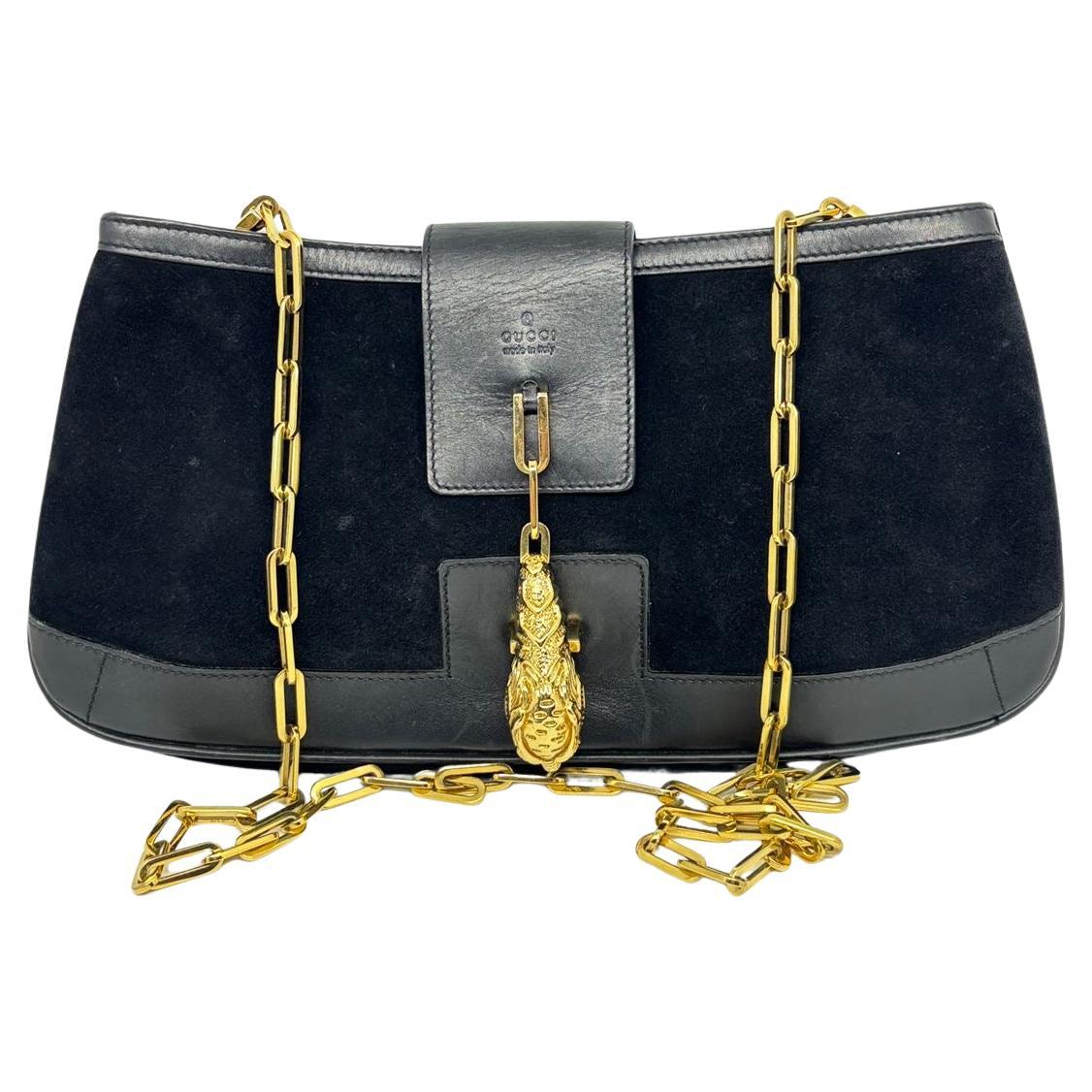 Vintage Gucci Black Suede Tiger Head Chain Bag For Sale