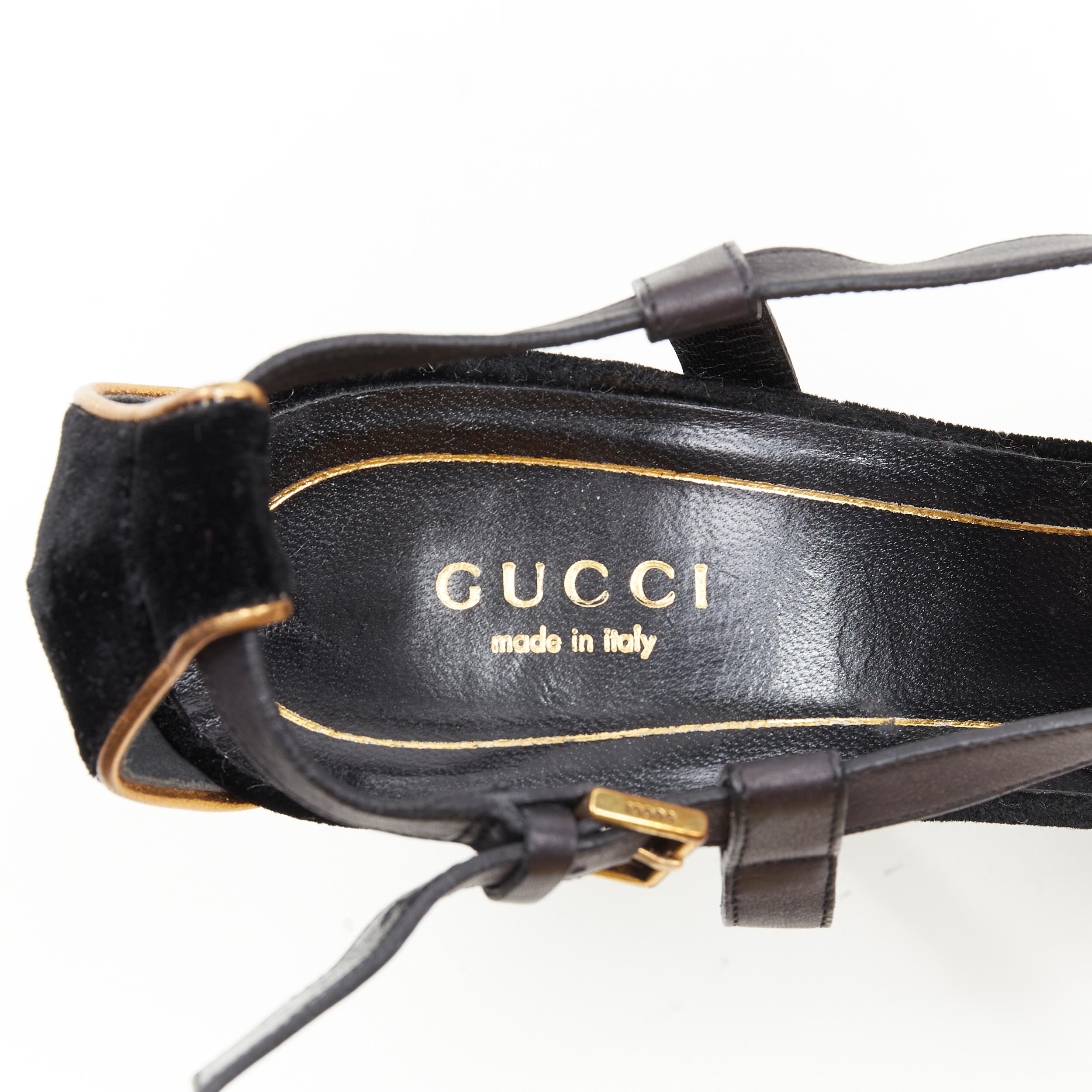 vintage GUCCI sandalia de tiras de terciopelo negro con tacón de metal dorado EU37 6