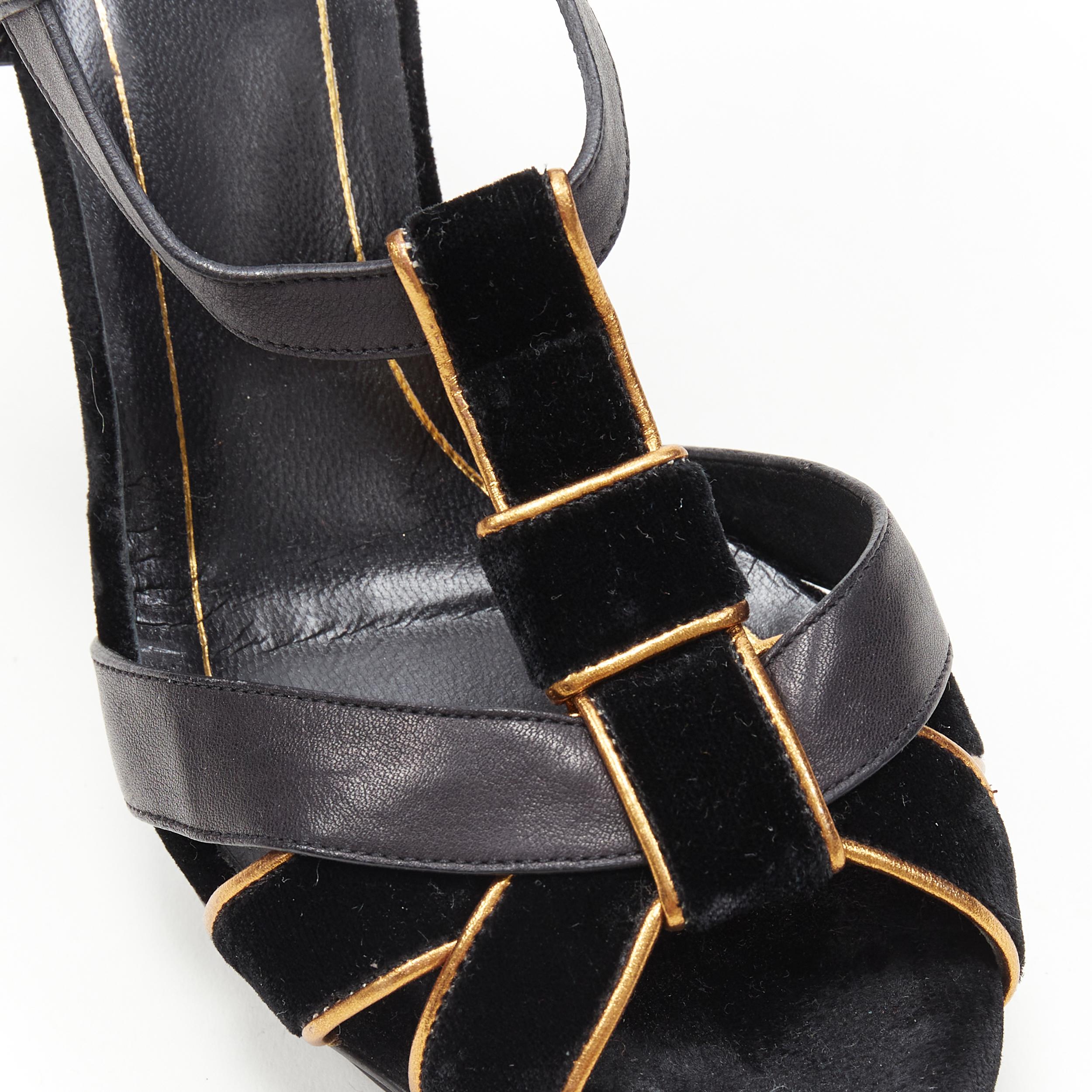 vintage GUCCI sandalia de tiras de terciopelo negro con tacón de metal dorado EU37 3