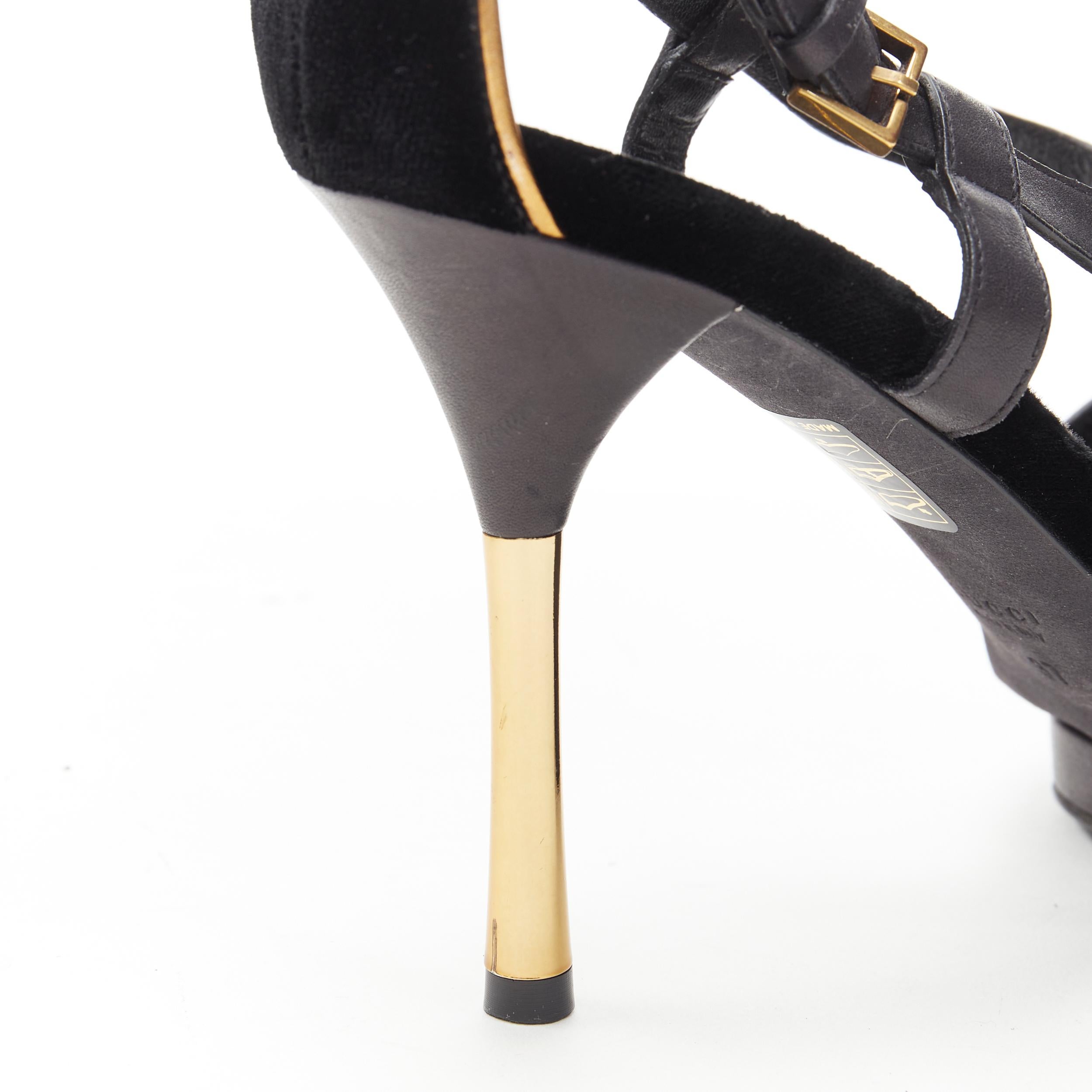 vintage GUCCI sandalia de tiras de terciopelo negro con tacón de metal dorado EU37 4