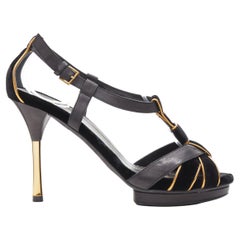 vintage GUCCI black velvet strappy gold metal heel platform sandal EU37