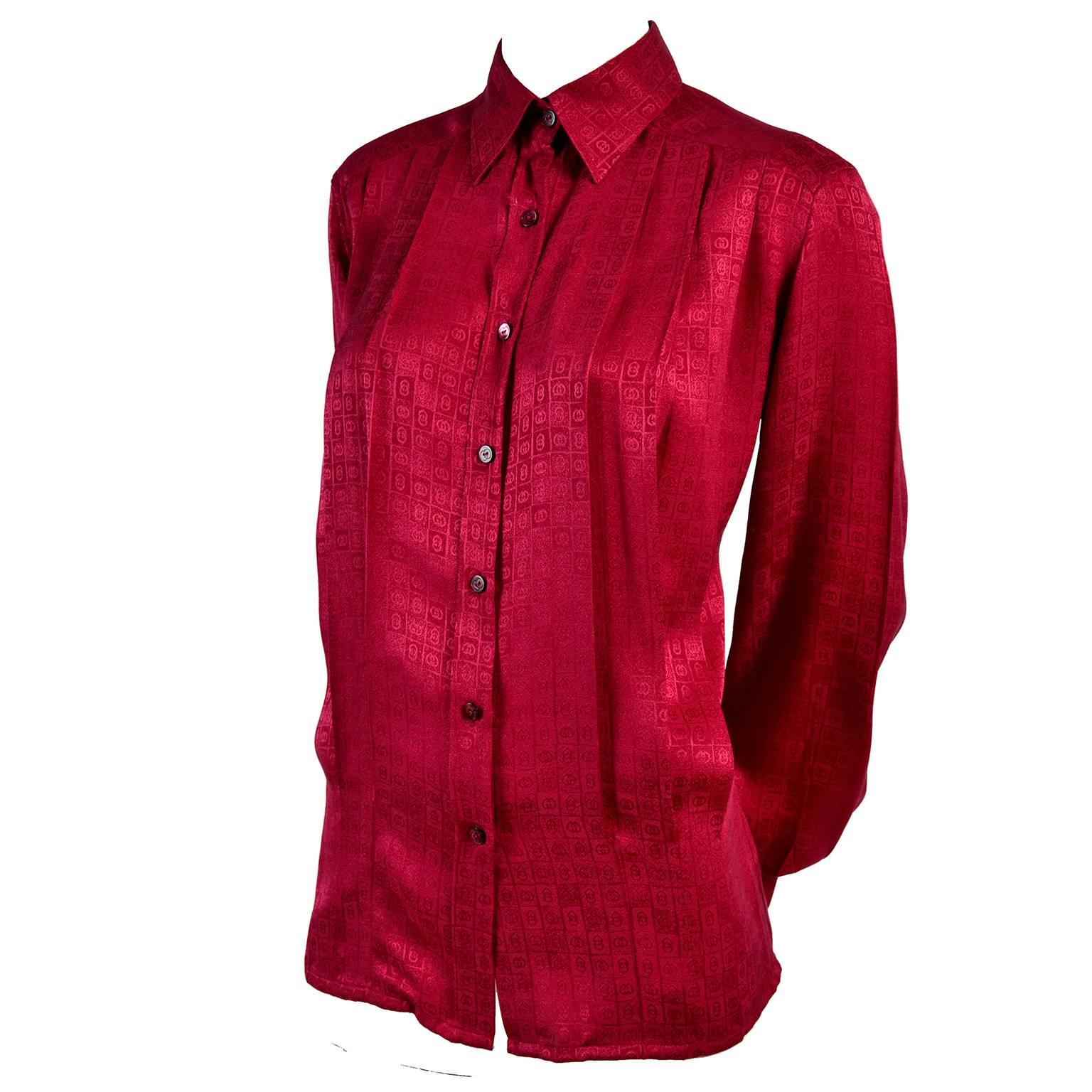 Gucci Vintage Pleated Red Silk Blouse With Tonal Gucci Logo Print