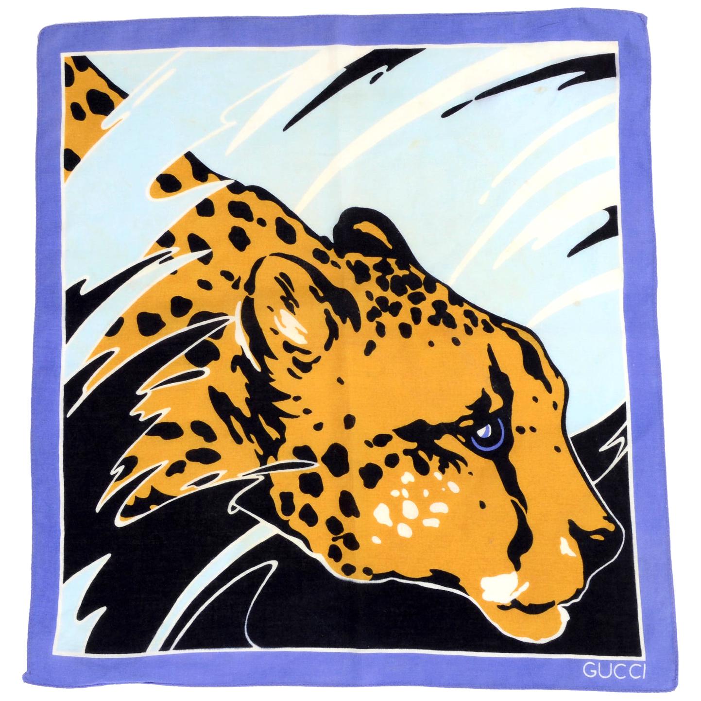 Vintage Gucci Blue Black and Yellow Gold Cheetah Scarf 