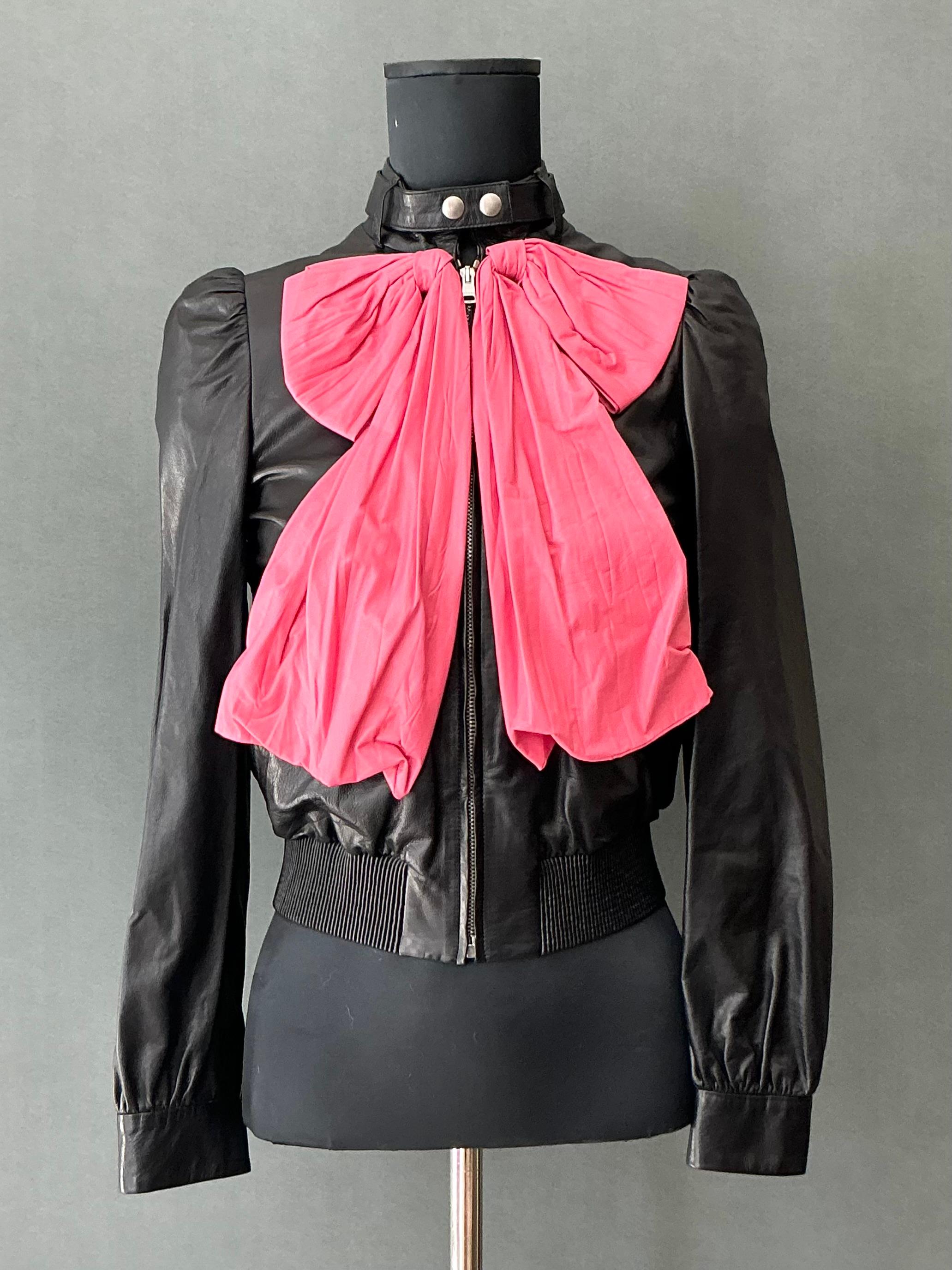 Black Vintage Gucci Bow Accent Leather Biker Jacket