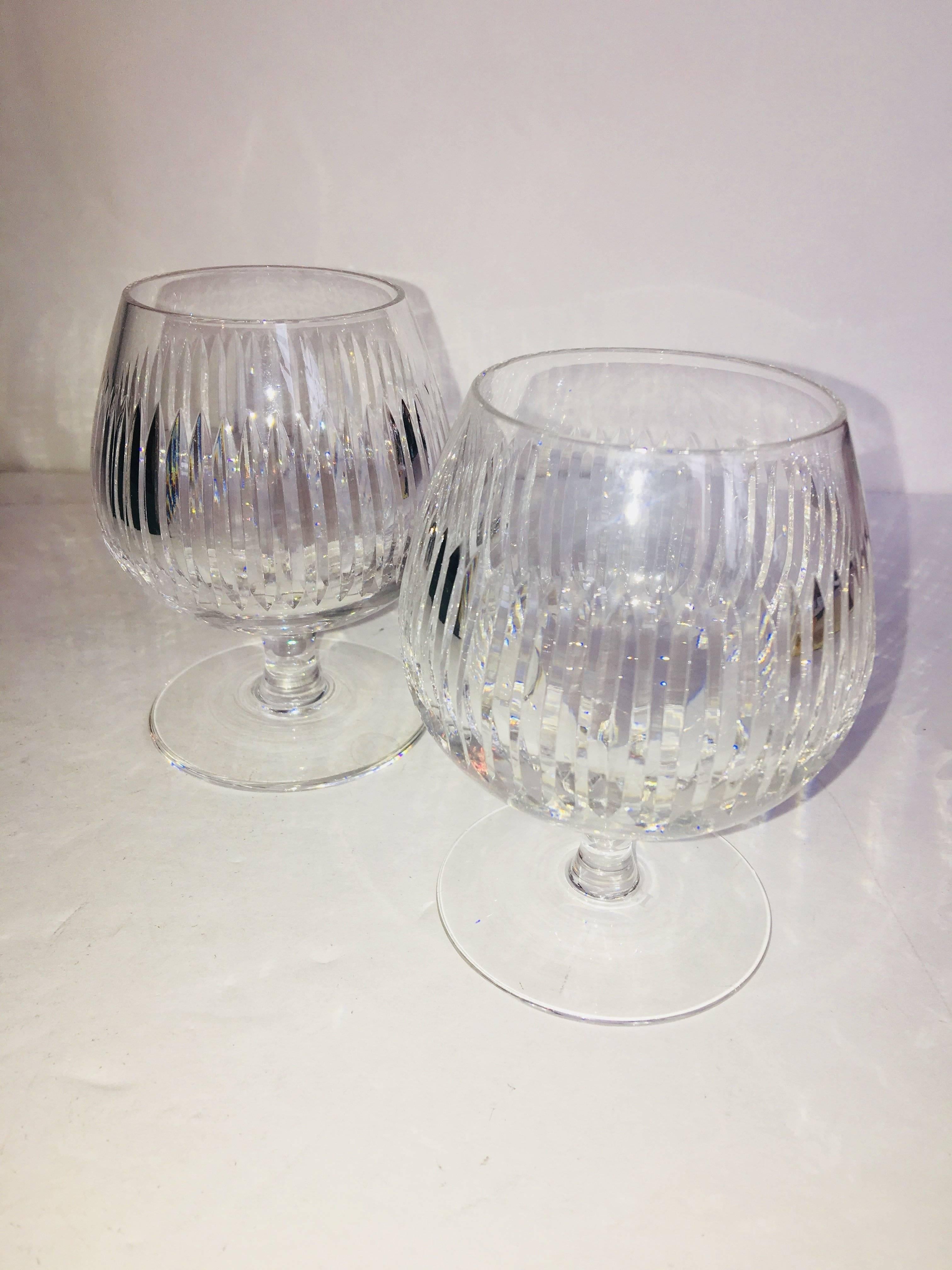 Vintage Gucci brandy snifters in original box with metal clasp and velvet interior. Pair of two etched crystal brandy snifters measuring 4.5