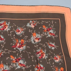 Gucci Vintage Brown and Coral Sparrow Bird Silk Scarf