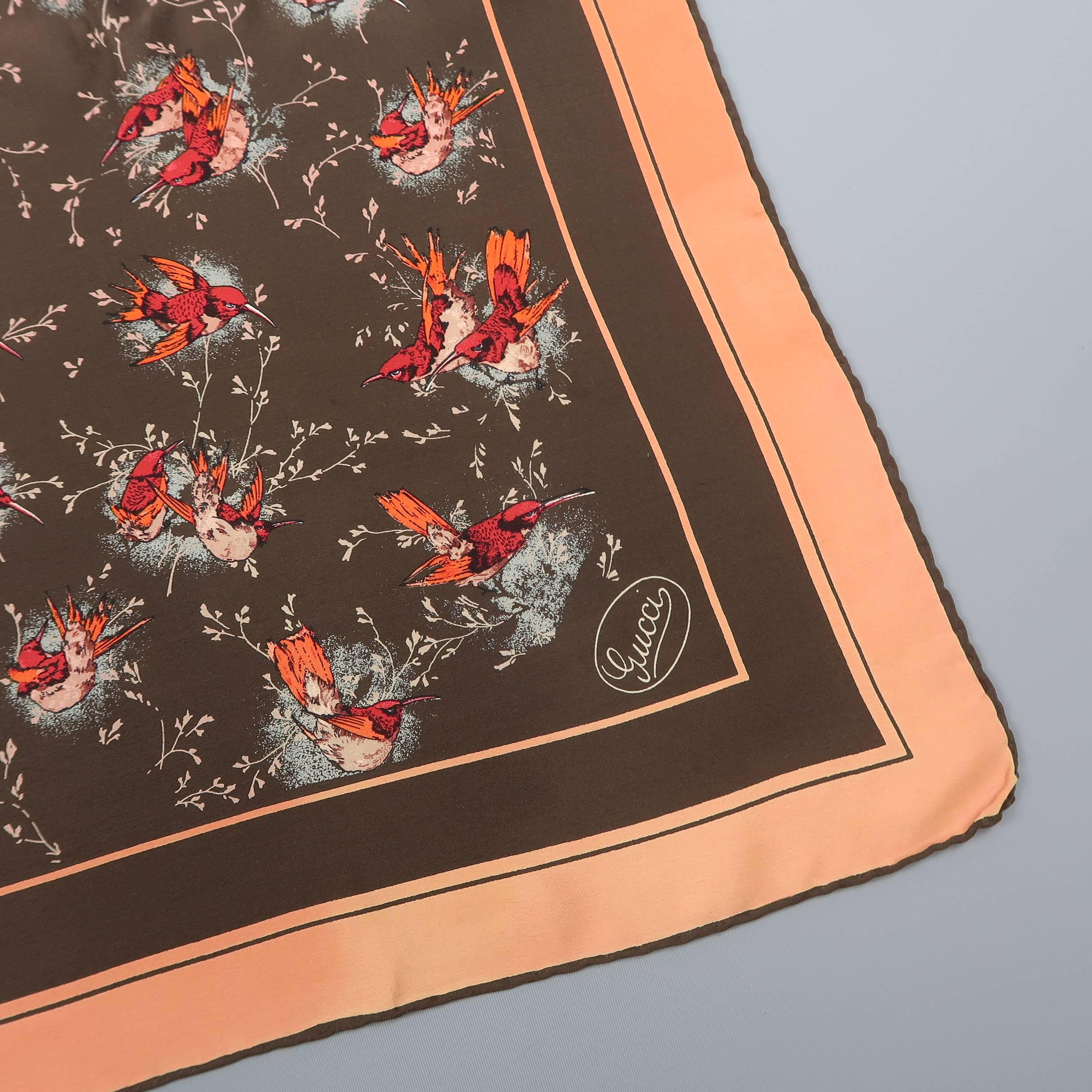 Women's Gucci Vintage Brown and Coral Sparrow Bird Silk Scarf
