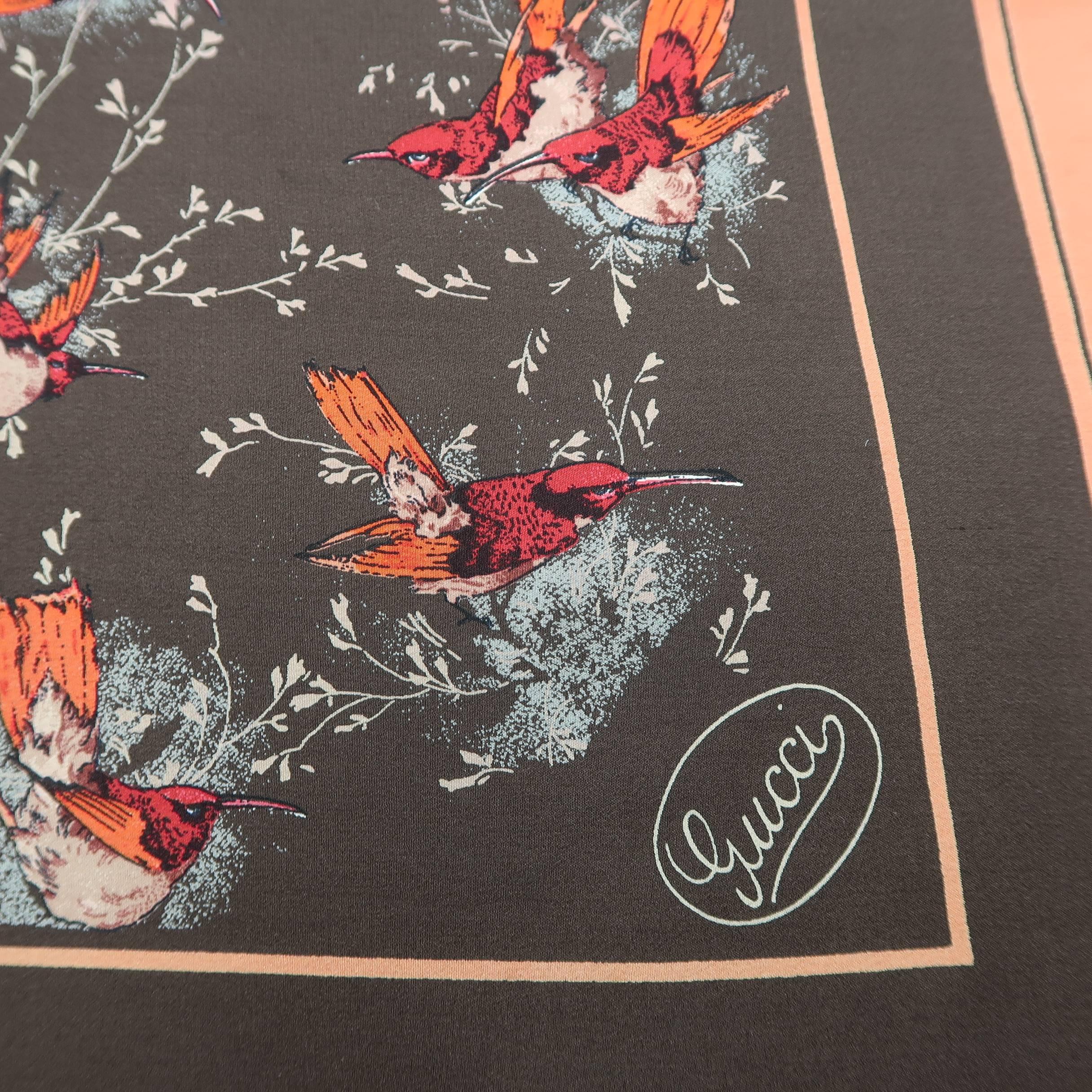 Gucci Vintage Brown and Coral Sparrow Bird Silk Scarf 1