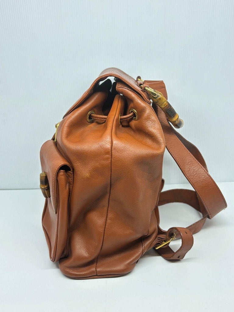 Vintage Gucci Brown Leather Bamboo Backpack For Sale at 1stDibs